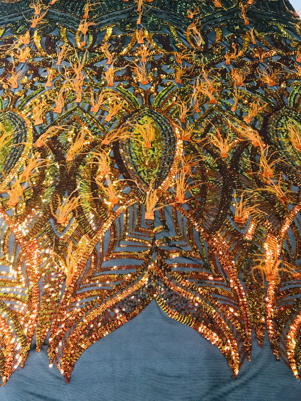 Luxury Feather Sequins - Champagne - 4 Way Stretch Glamorous Shine Fringe Feather Sequins Fabric