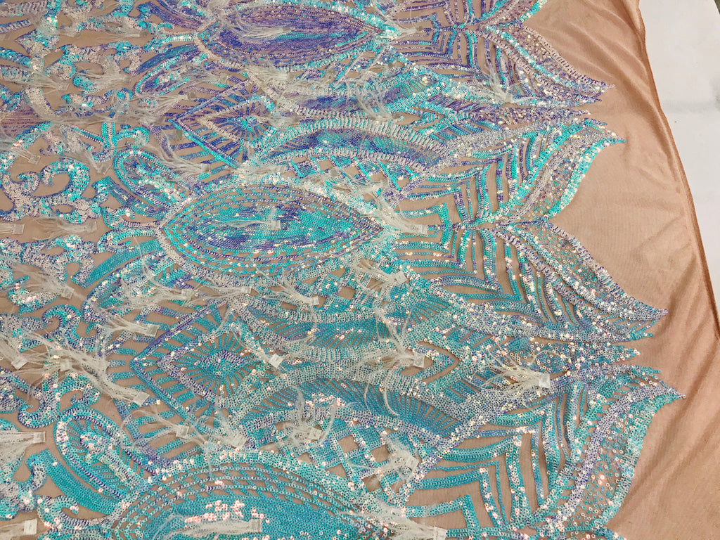 Luxury Feather Sequins - Iridescent Aqua - 4 Way Stretch Glamorous Fringe Feather Sequins Fabric