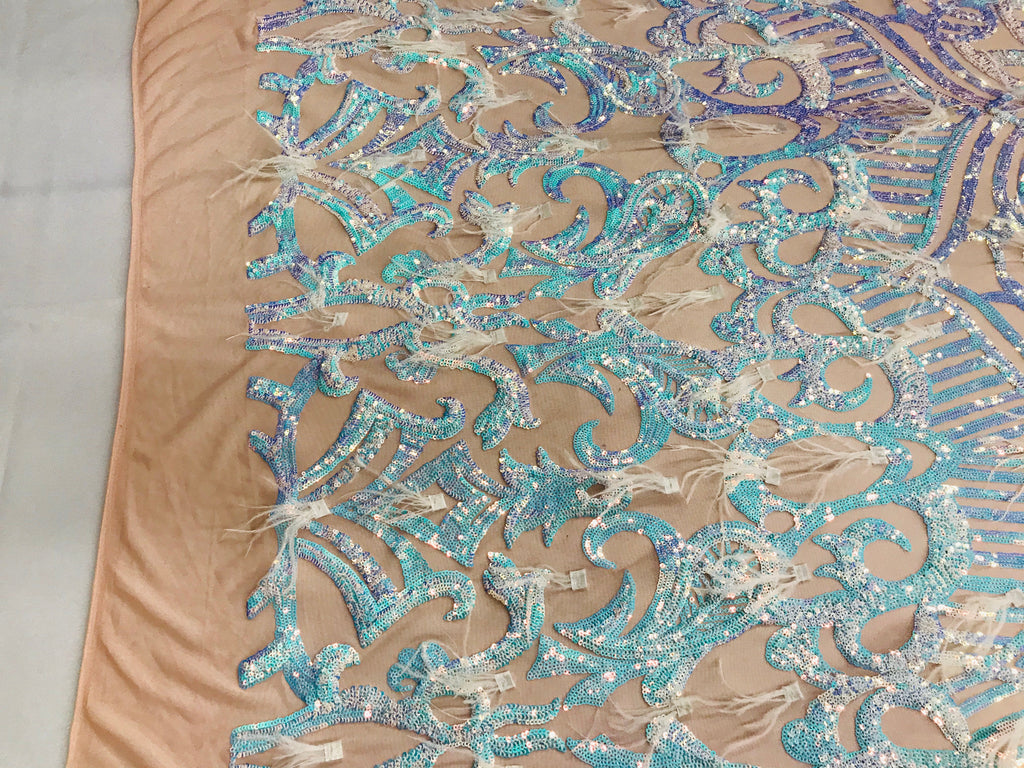 Luxury Feather Sequins - Iridescent Aqua - 4 Way Stretch Glamorous Fringe Feather Sequins Fabric
