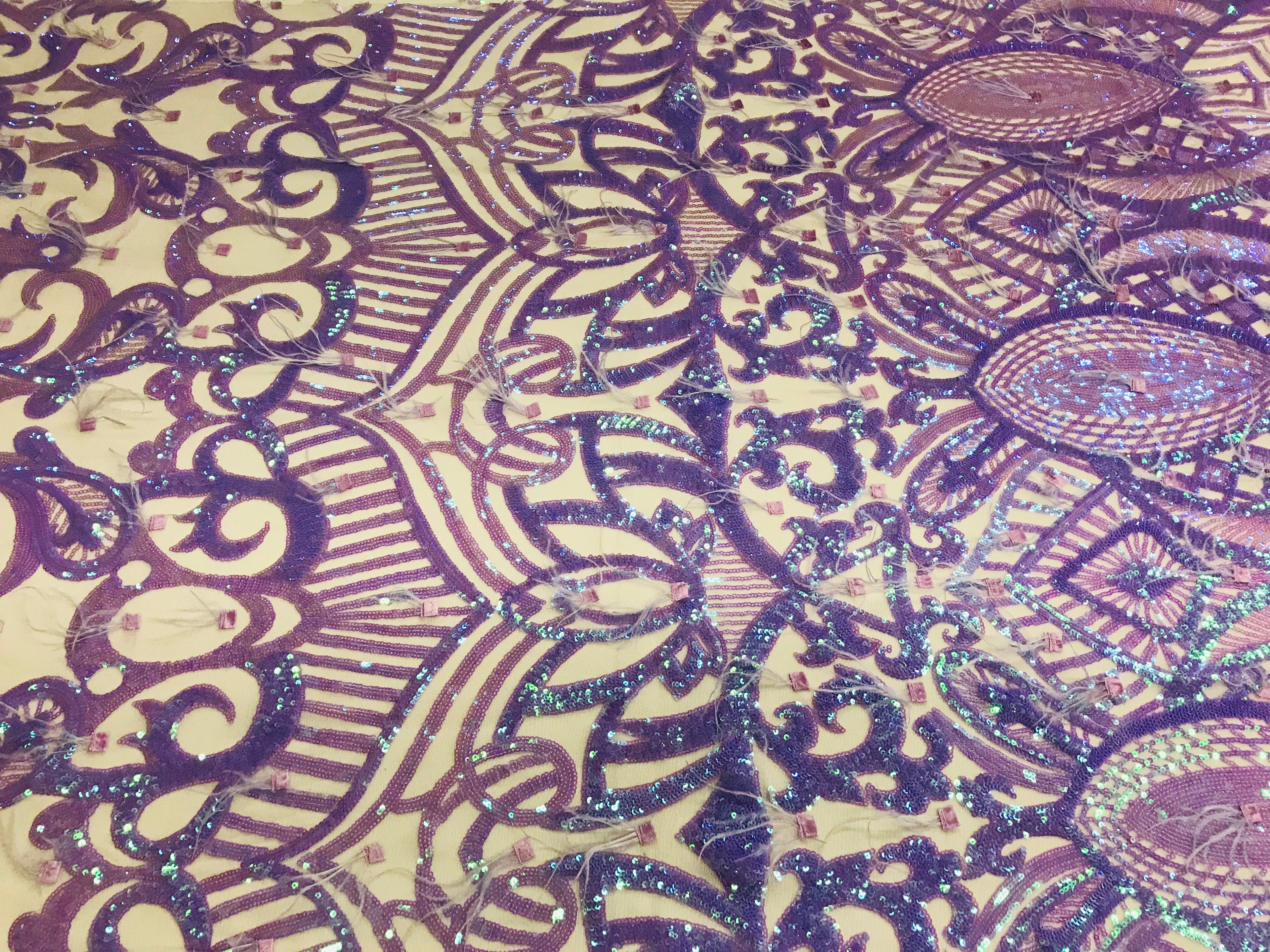 Luxury Feather Sequins - Iridescent Lilac - 4 Way Stretch Glamorous Fringe Feather Sequins Fabric