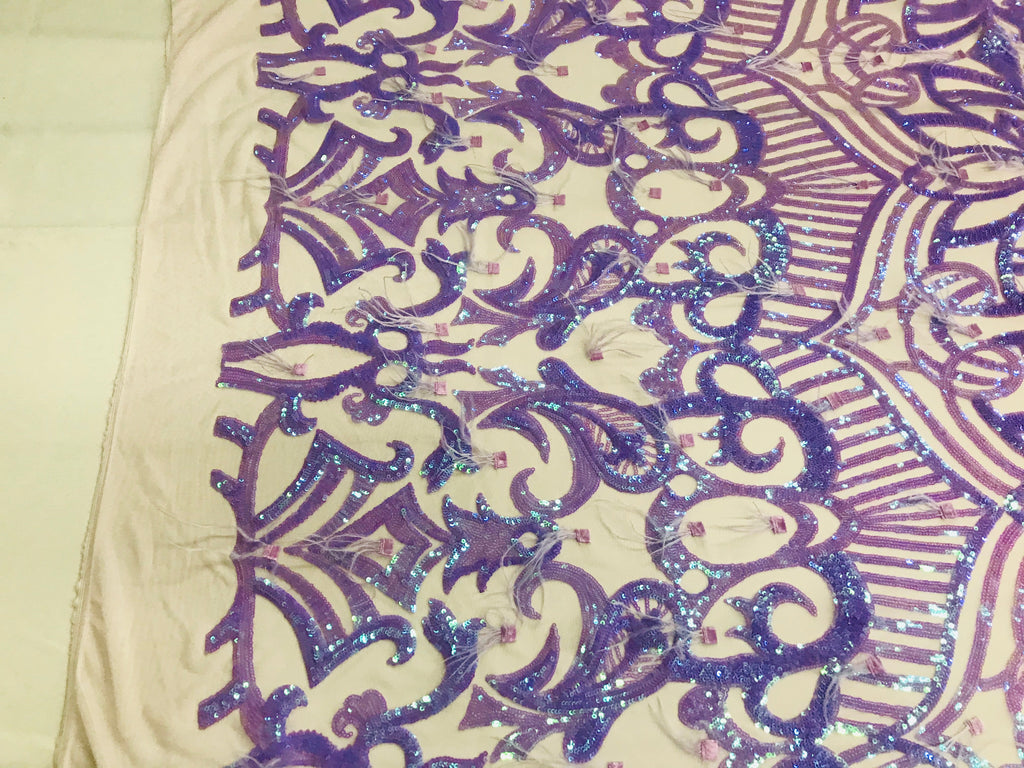 Luxury Feather Sequins - Iridescent Lilac - 4 Way Stretch Glamorous Fringe Feather Sequins Fabric