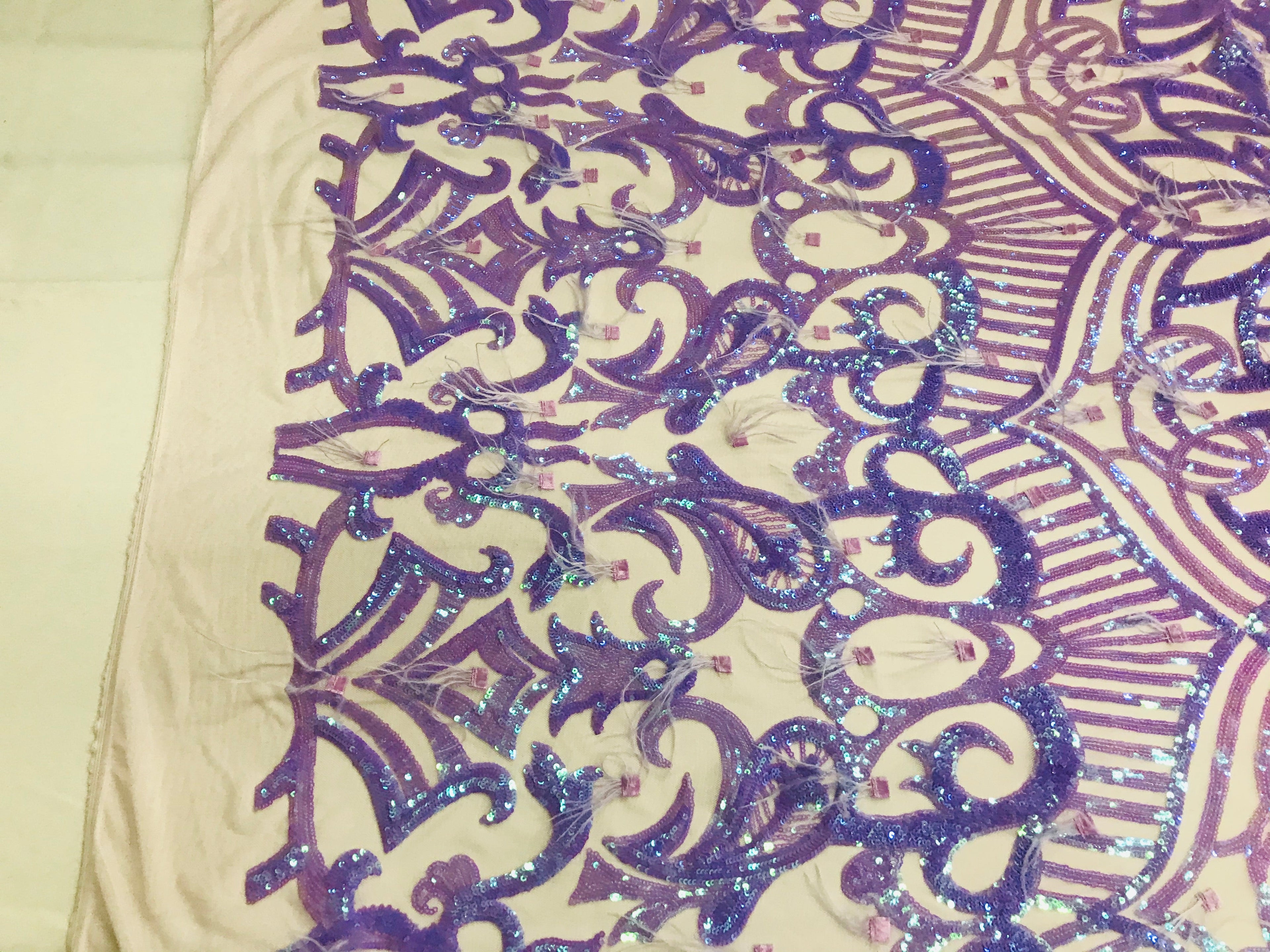Luxury Feather Sequins - Iridescent Lilac - 4 Way Stretch Glamorous Fringe Feather Sequins Fabric