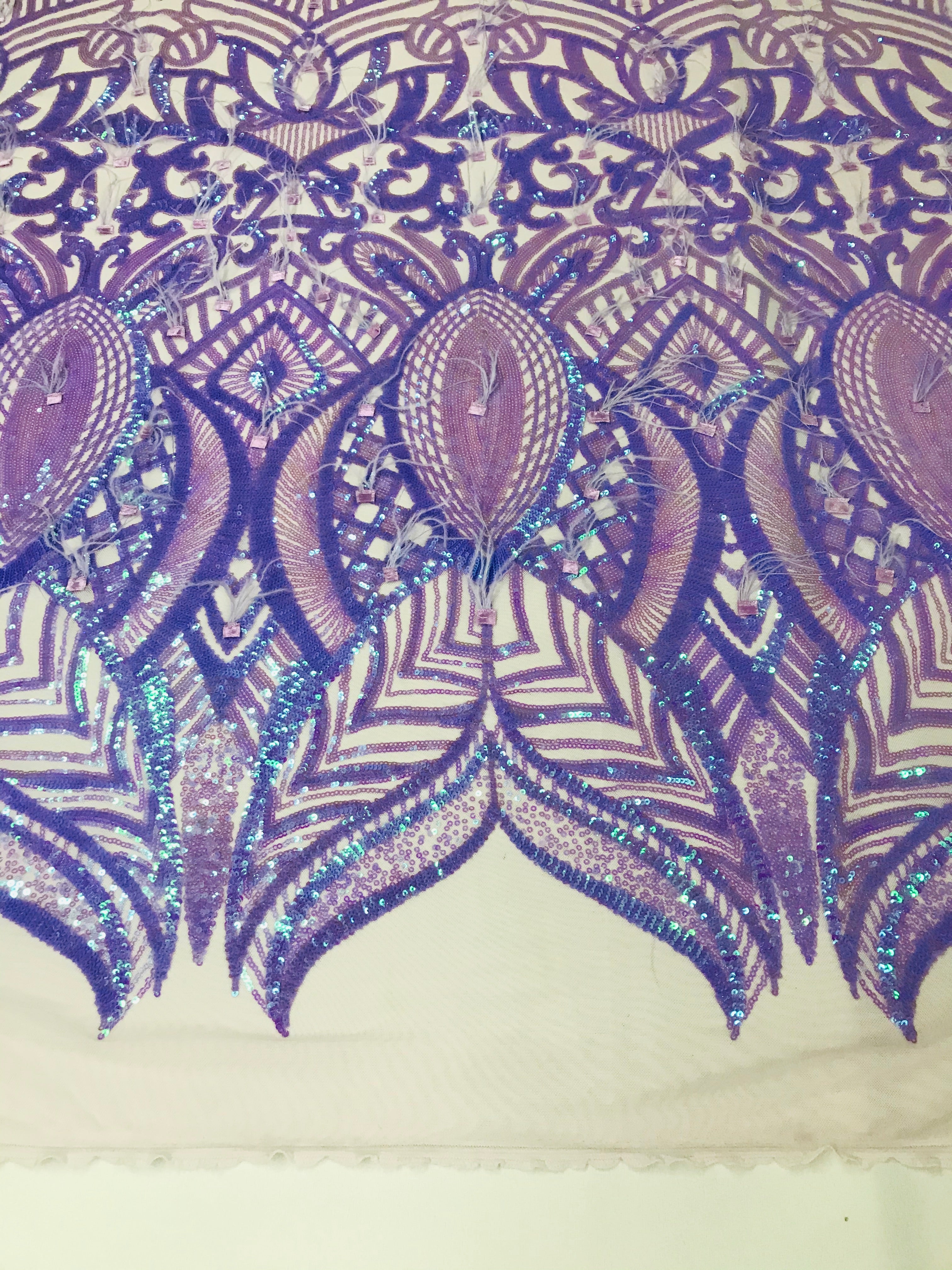 Luxury Feather Sequins - Iridescent Lilac - 4 Way Stretch Glamorous Fringe Feather Sequins Fabric