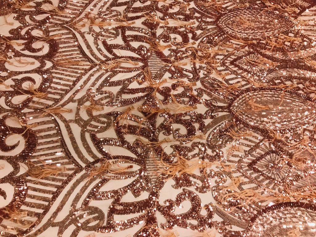 Luxury Feather Sequins - Rose Gold - 4 Way Stretch Glamorous Shine Fringe Feather Sequins Fabric
