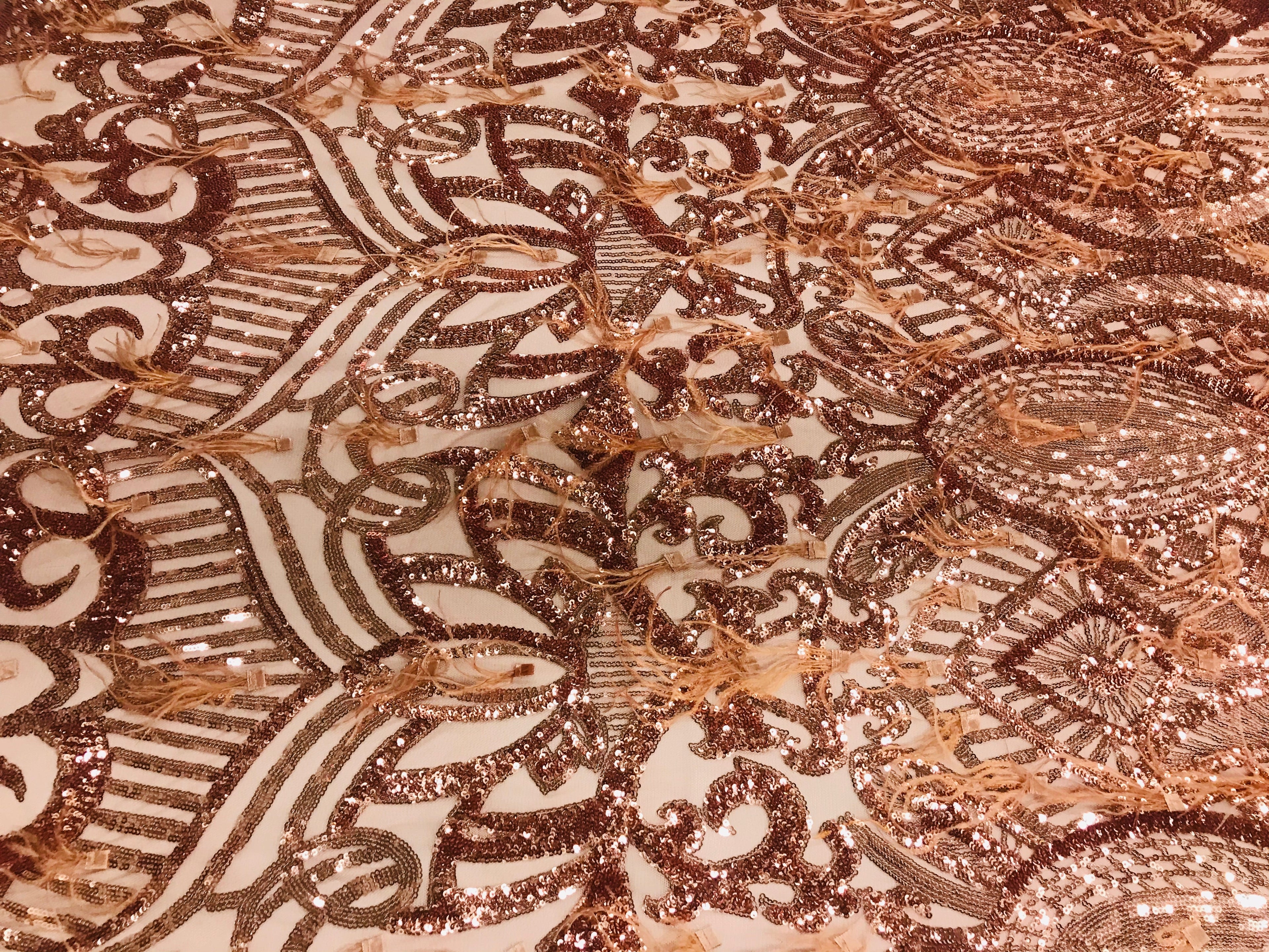 Luxury Feather Sequins - Rose Gold - 4 Way Stretch Glamorous Shine Fringe Feather Sequins Fabric