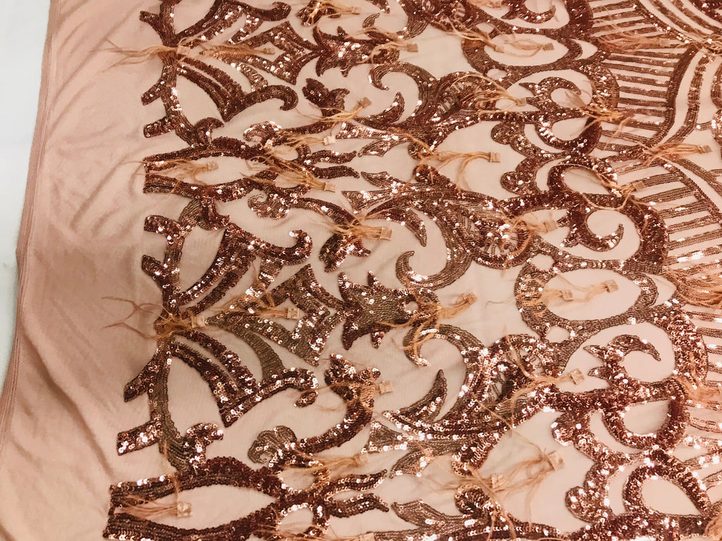 Luxury Feather Sequins - Rose Gold - 4 Way Stretch Glamorous Shine Fringe Feather Sequins Fabric