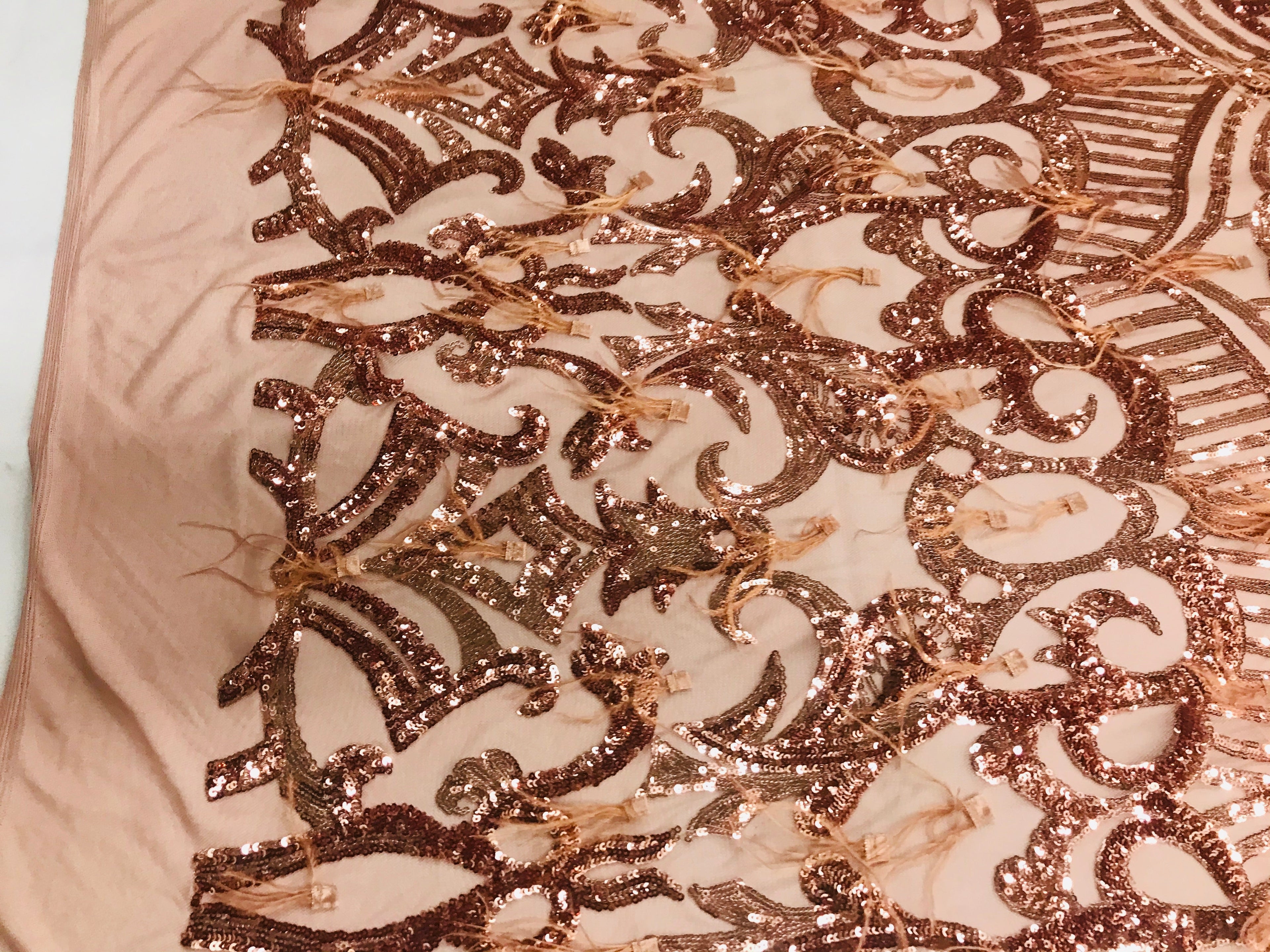 Luxury Feather Sequins - Rose Gold - 4 Way Stretch Glamorous Shine Fringe Feather Sequins Fabric
