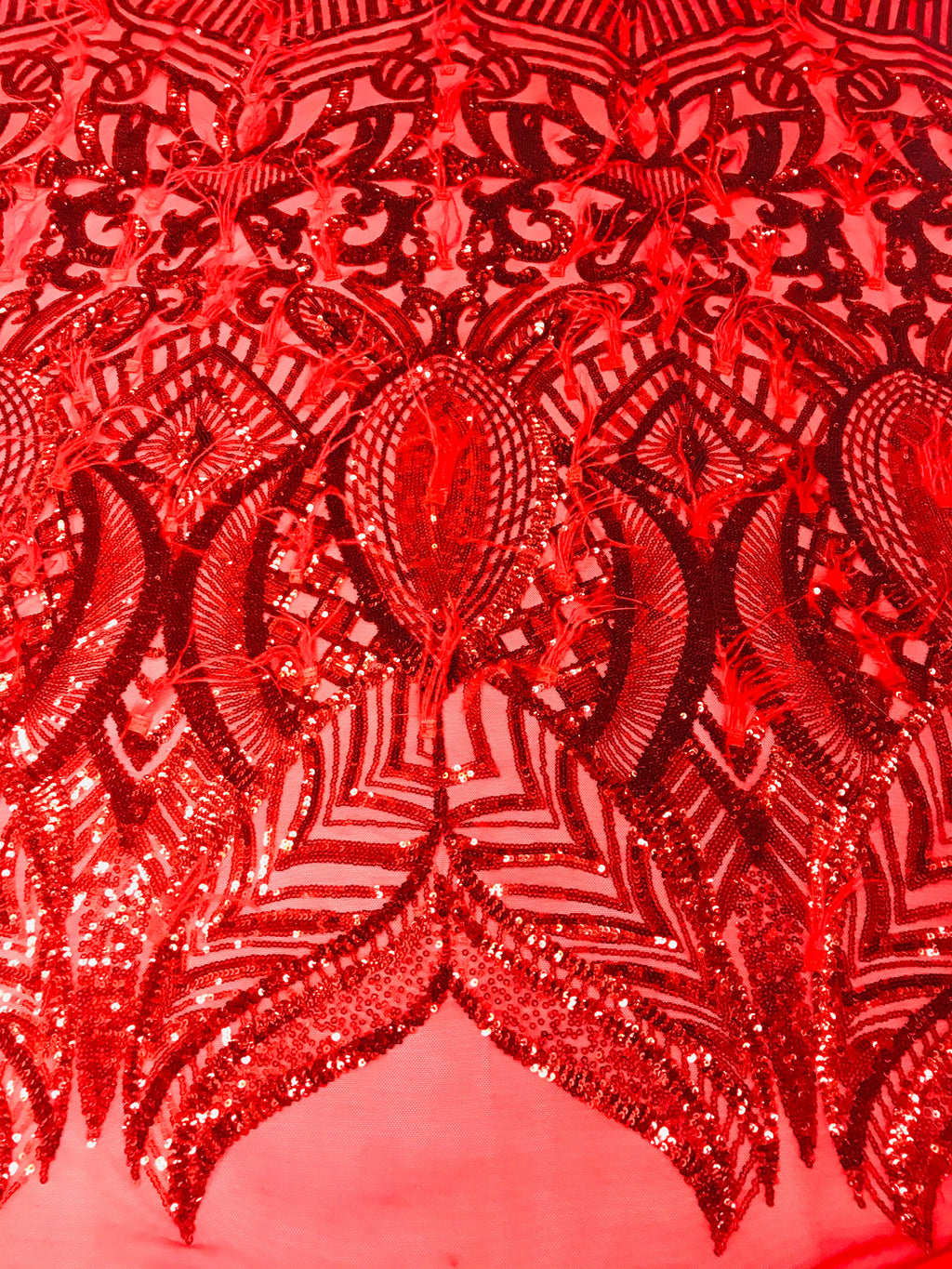 Luxury Feather Sequins - Red - 4 Way Stretch Glamorous Shine Fringe Feather Sequins Fabric