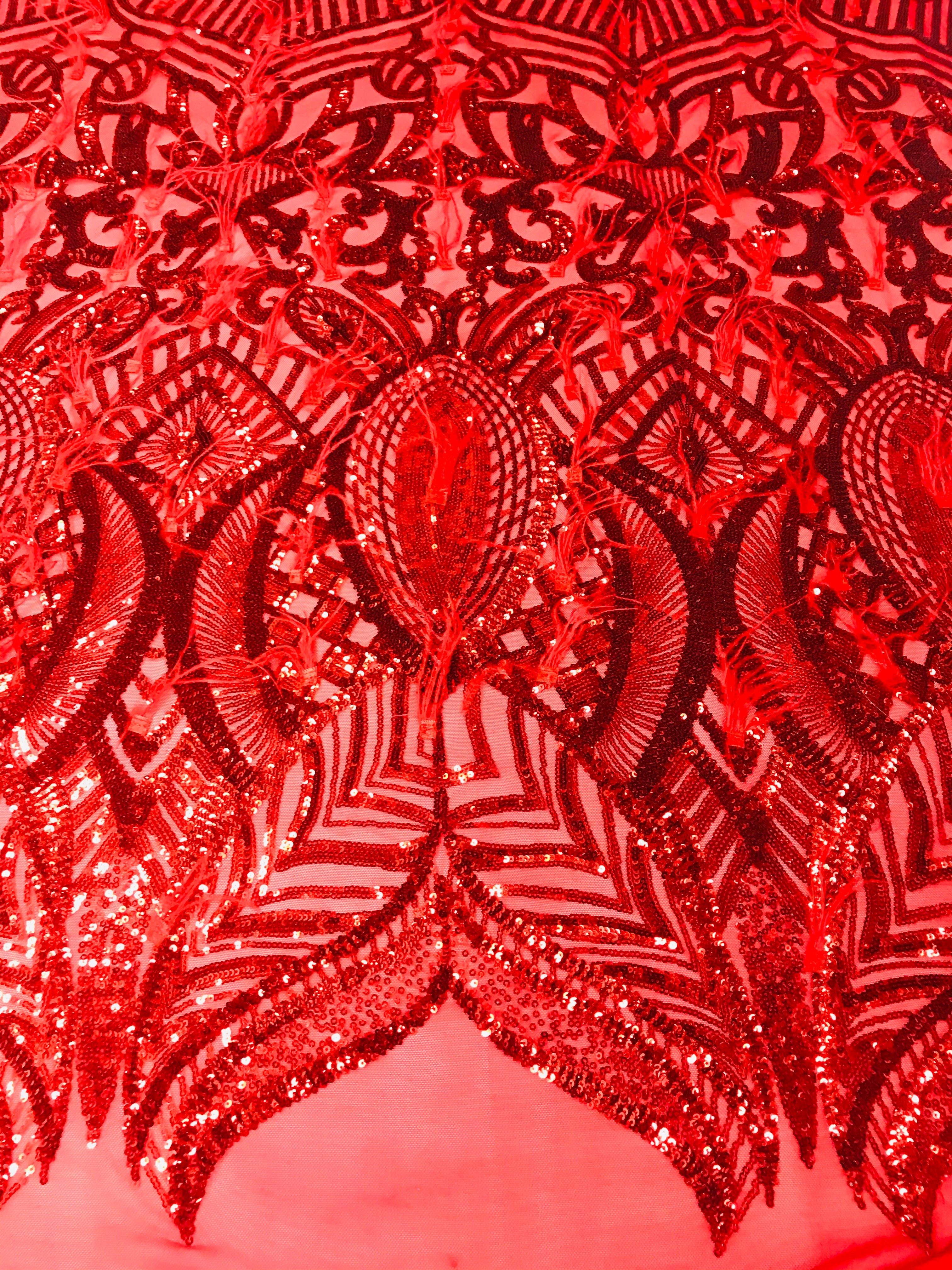 Luxury Feather Sequins - Red - 4 Way Stretch Glamorous Shine Fringe Feather Sequins Fabric