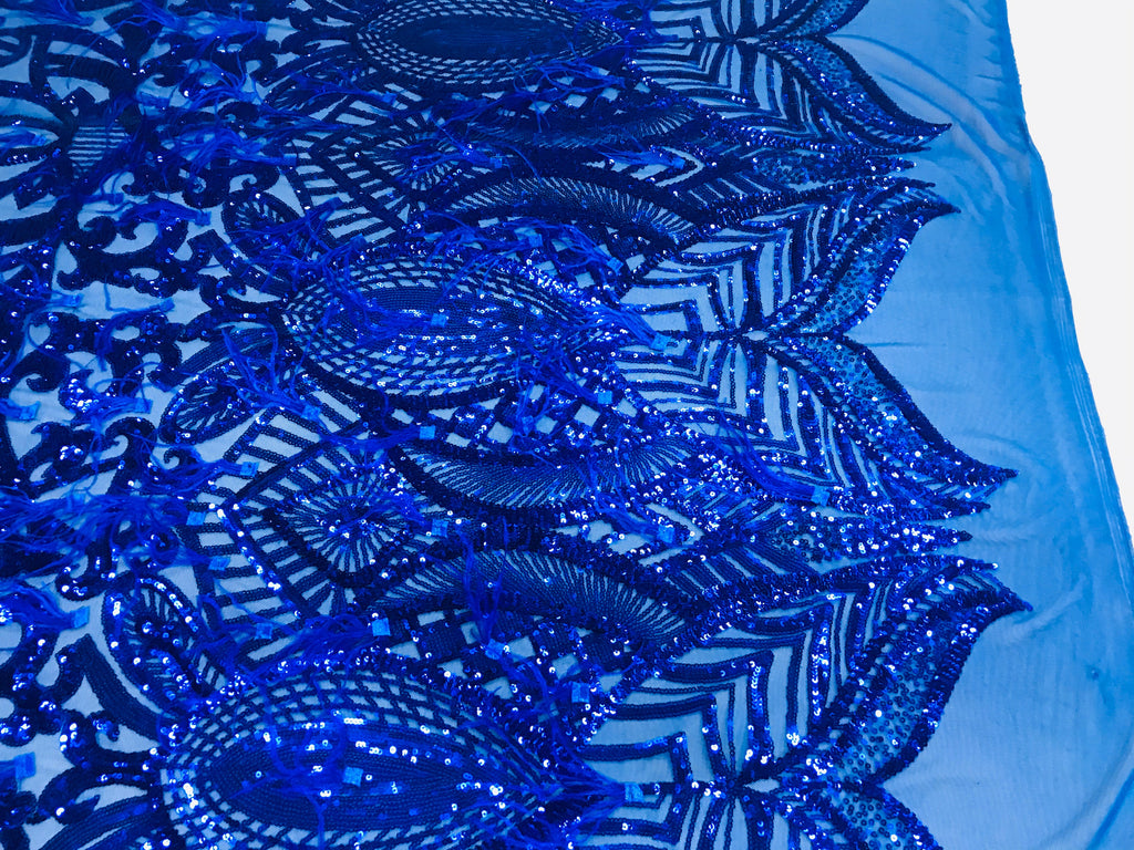 Luxury Feather Sequins - Royal Blue - 4 Way Stretch Glamorous Fringe Feather Sequins Fabric