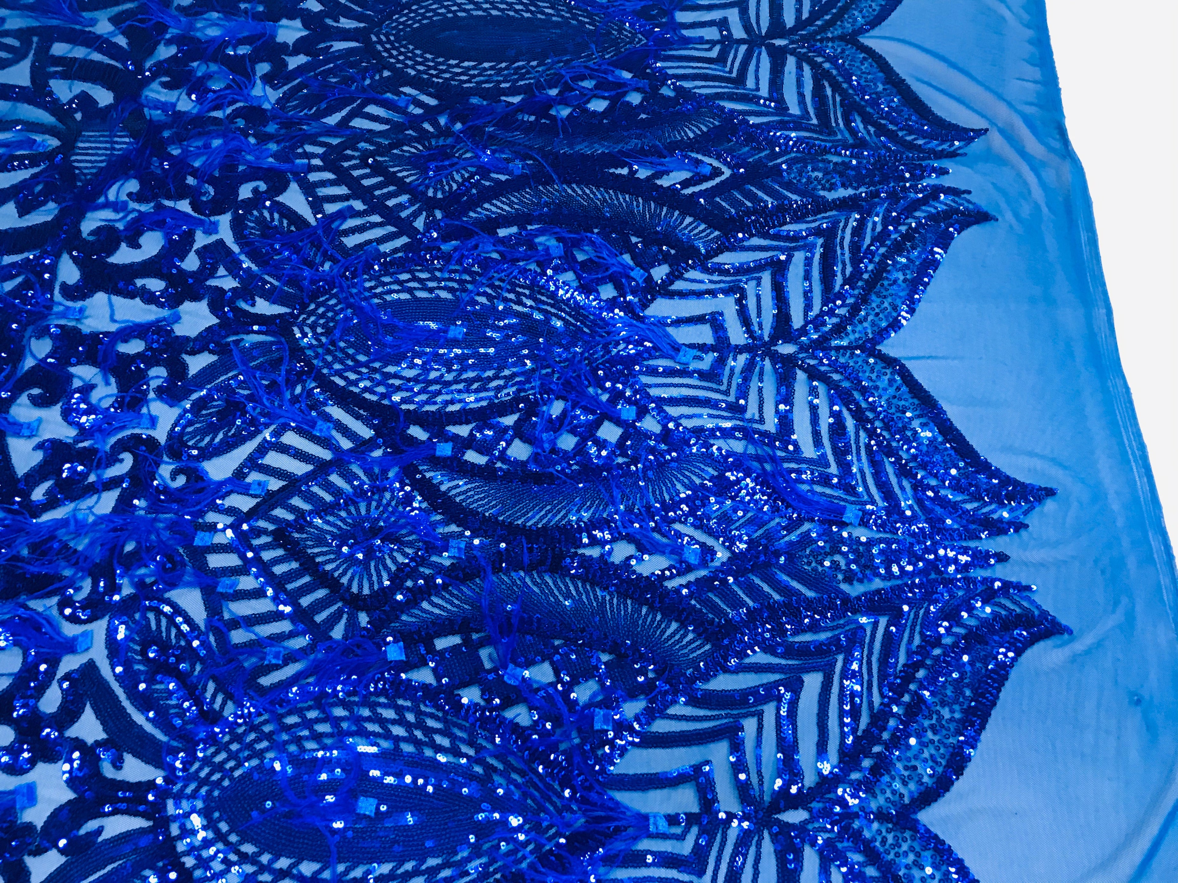Luxury Feather Sequins - Royal Blue - 4 Way Stretch Glamorous Fringe Feather Sequins Fabric