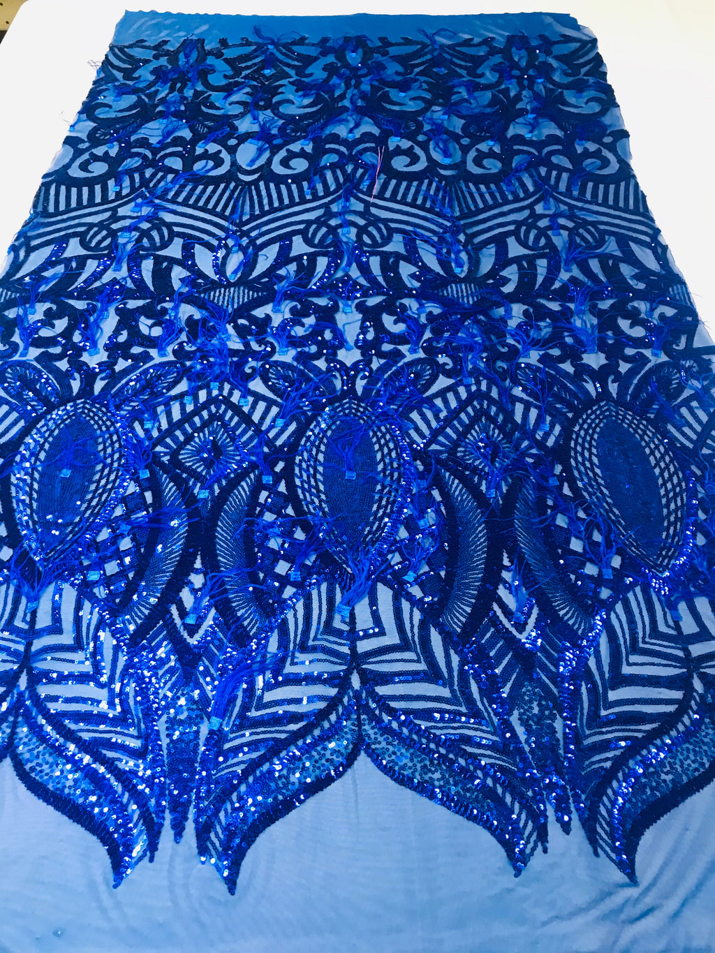 Luxury Feather Sequins - Royal Blue - 4 Way Stretch Glamorous Fringe Feather Sequins Fabric