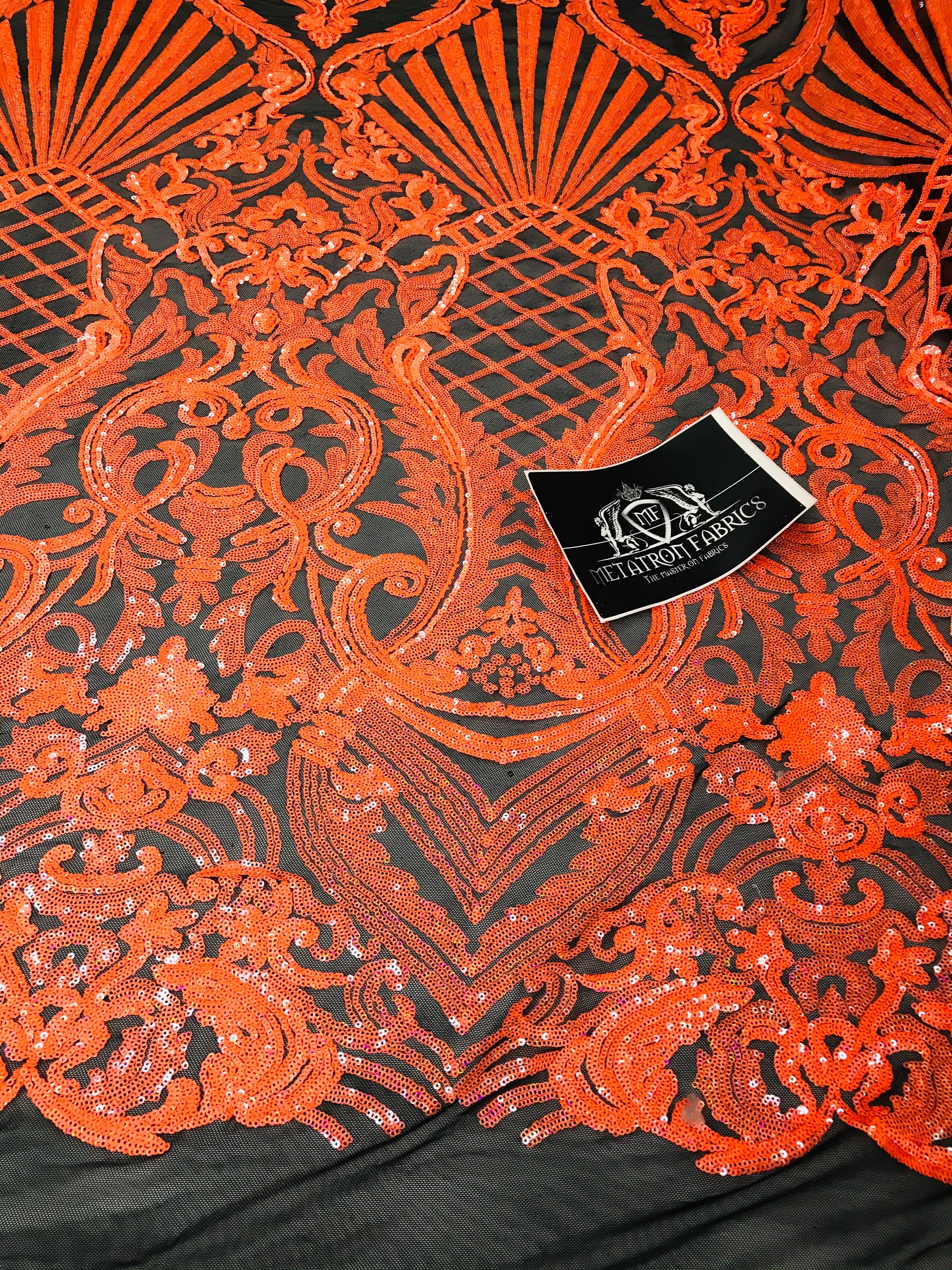 Glam Pattern Sequins - Neon Orange - 4 Way Stretch Colorful Designer Net Sequins Fabrics