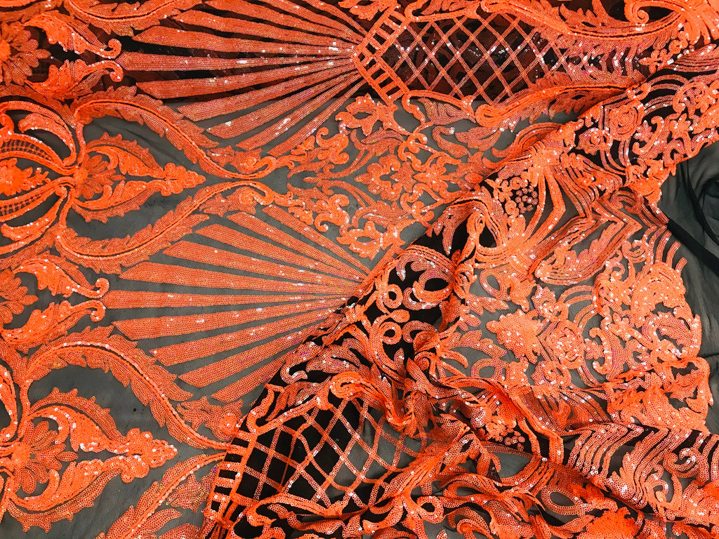 Glam Pattern Sequins - Neon Orange - 4 Way Stretch Colorful Designer Net Sequins Fabrics
