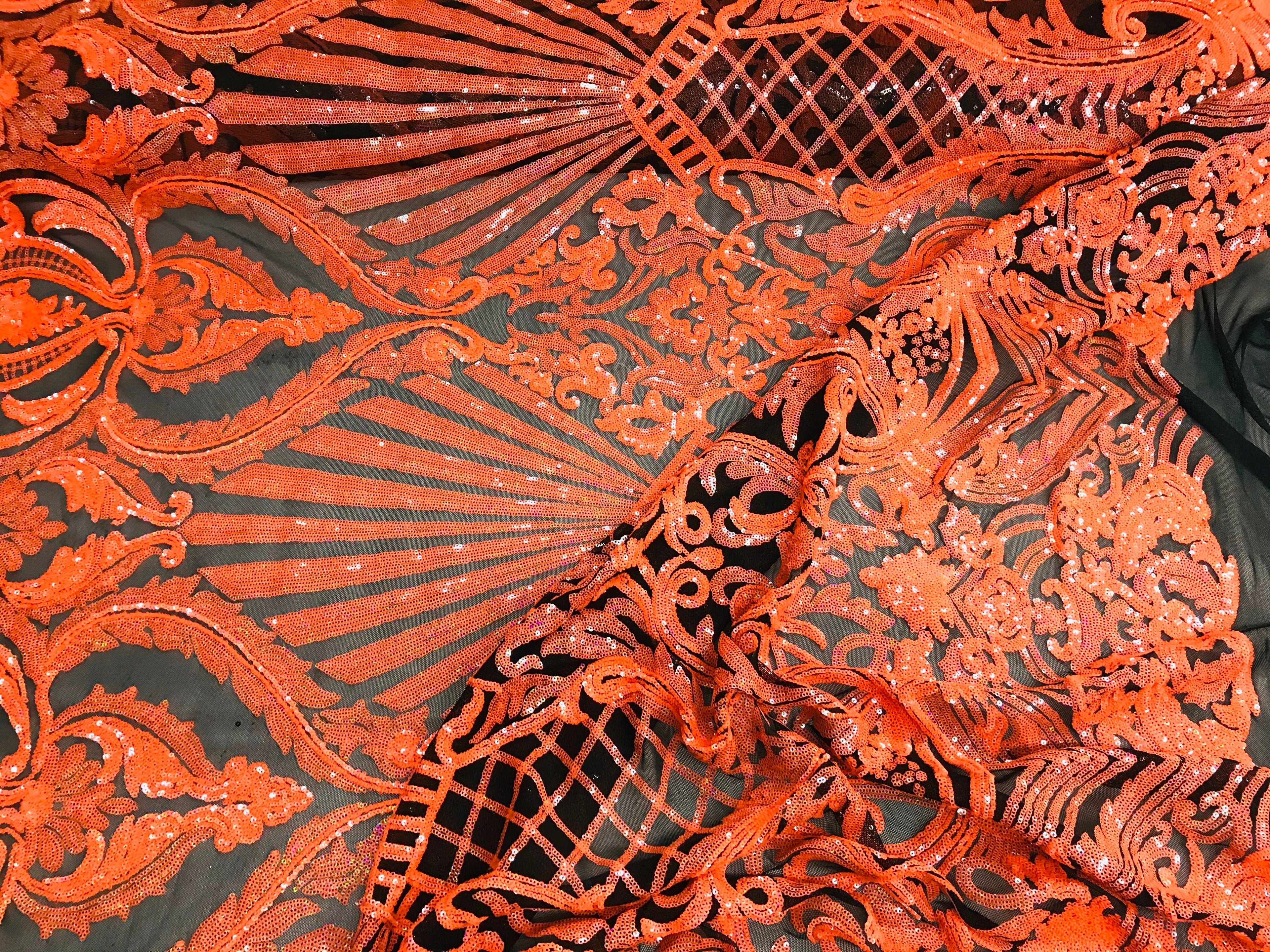 Glam Pattern Sequins - Neon Orange - 4 Way Stretch Colorful Designer Net Sequins Fabrics