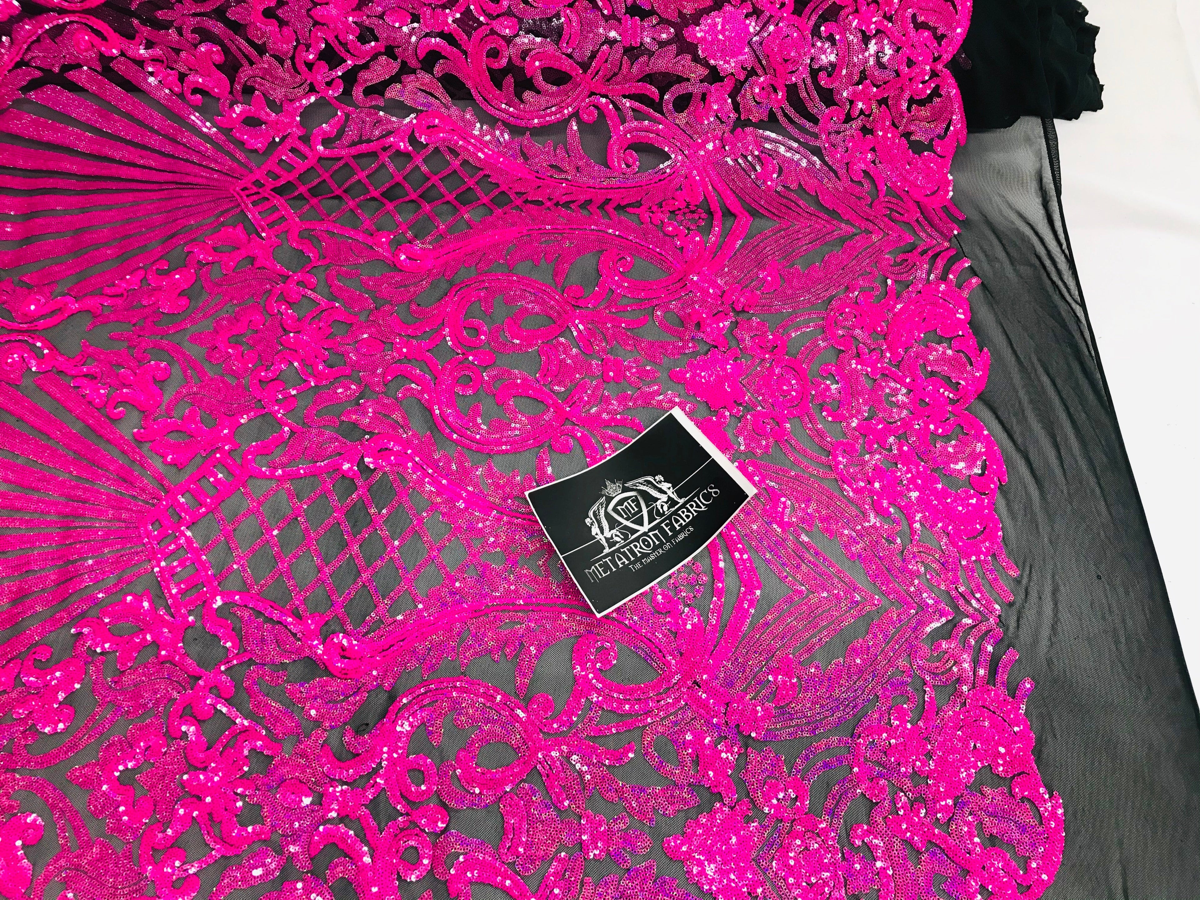 Glam Pattern Sequins - Neon Pink - 4 Way Stretch Colorful Designer Net Sequins Fabrics