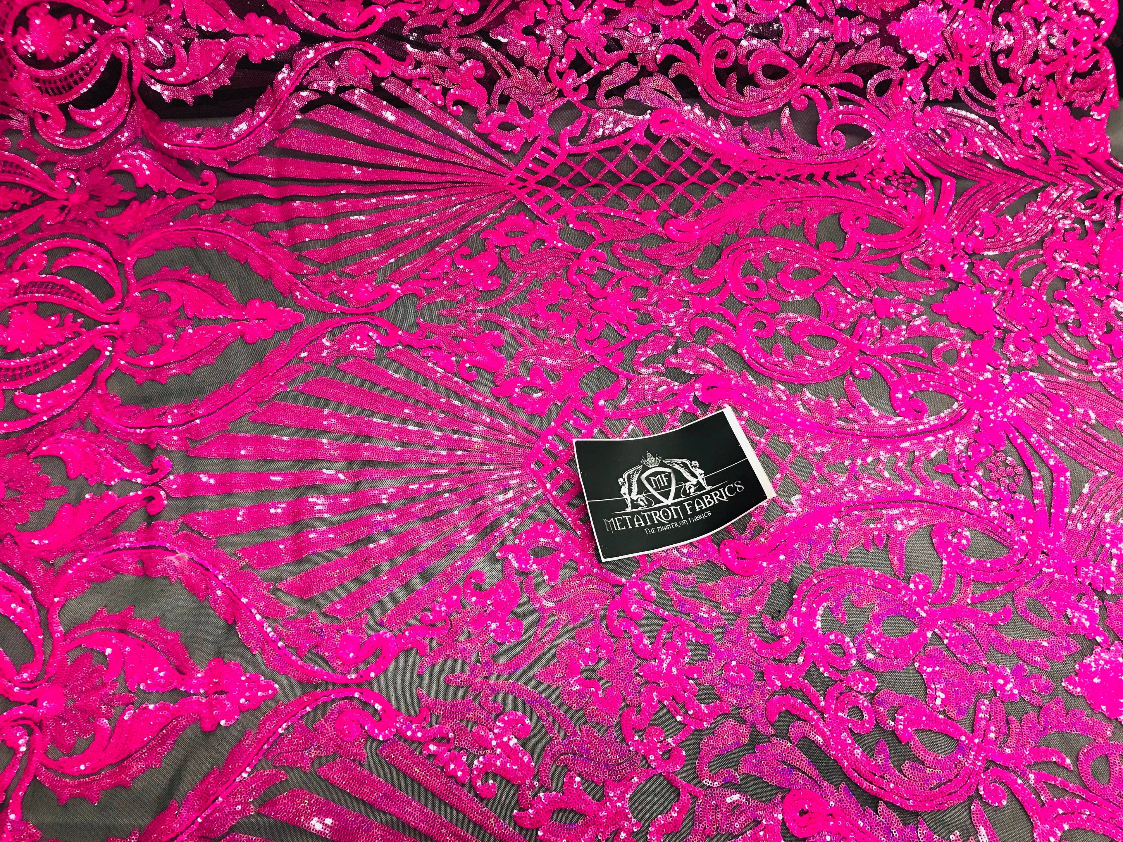 Glam Pattern Sequins - Neon Pink - 4 Way Stretch Colorful Designer Net Sequins Fabrics