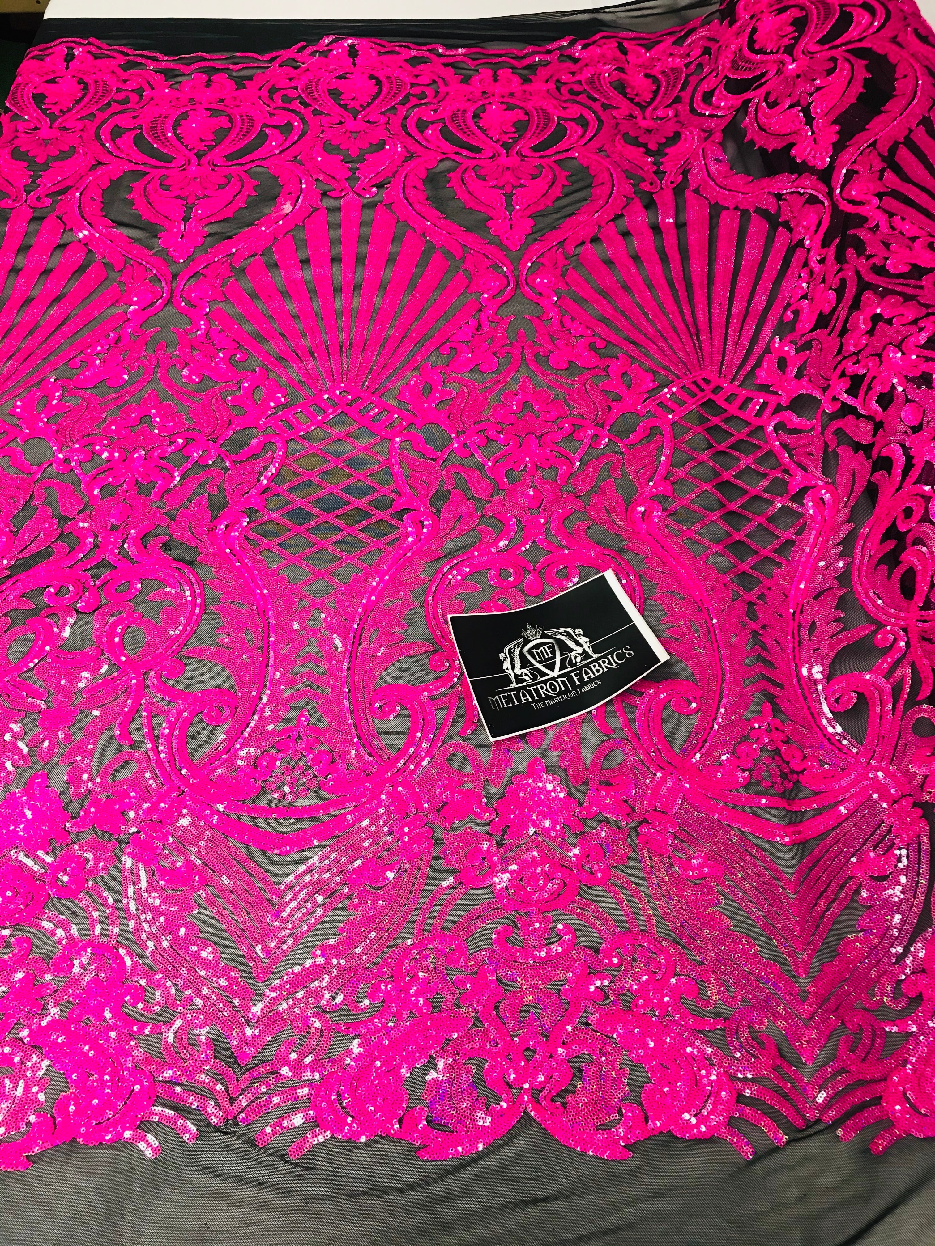 Glam Pattern Sequins - Neon Pink - 4 Way Stretch Colorful Designer Net Sequins Fabrics