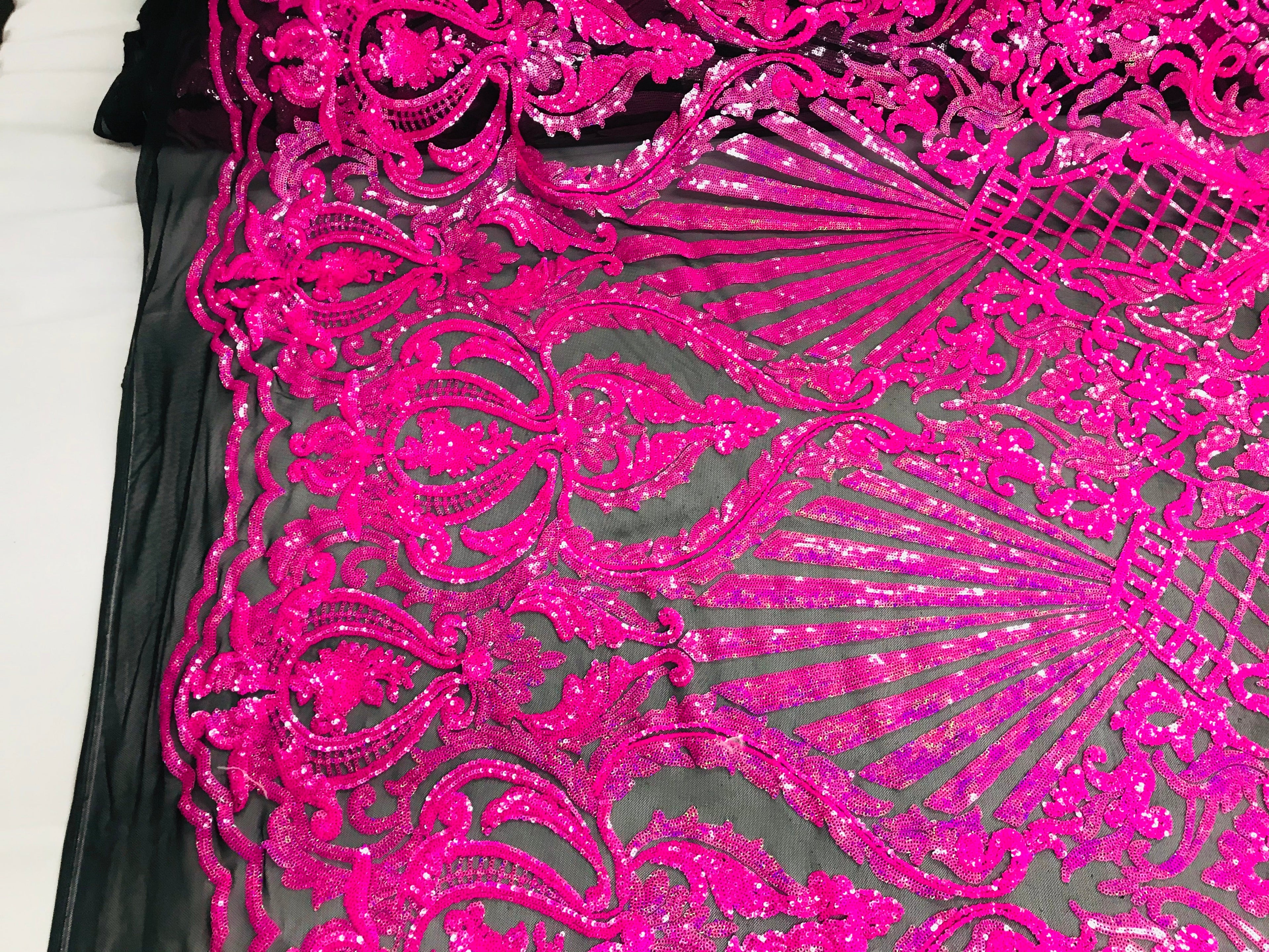 Glam Pattern Sequins - Neon Pink - 4 Way Stretch Colorful Designer Net Sequins Fabrics
