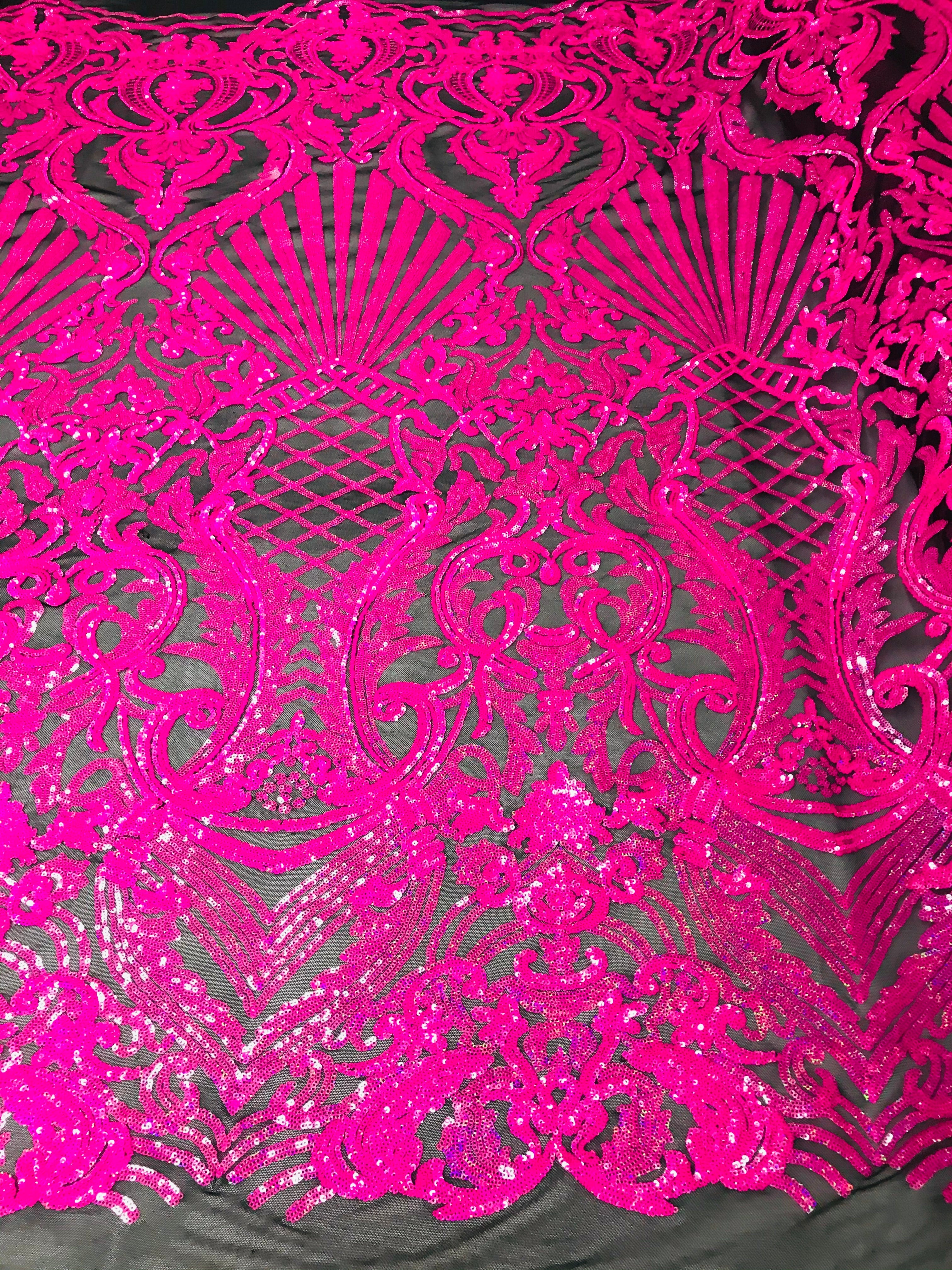 Glam Pattern Sequins - Neon Pink - 4 Way Stretch Colorful Designer Net Sequins Fabrics