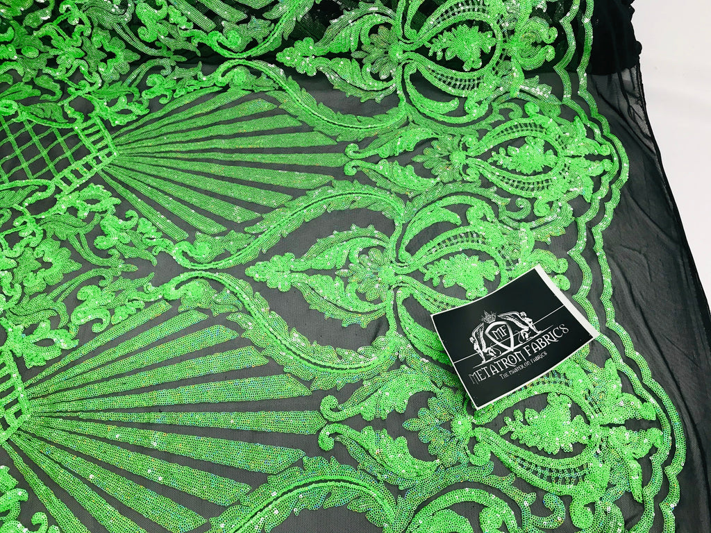 Glam Pattern Sequins - Neon Green - 4 Way Stretch Colorful Designer Net Sequins Fabrics