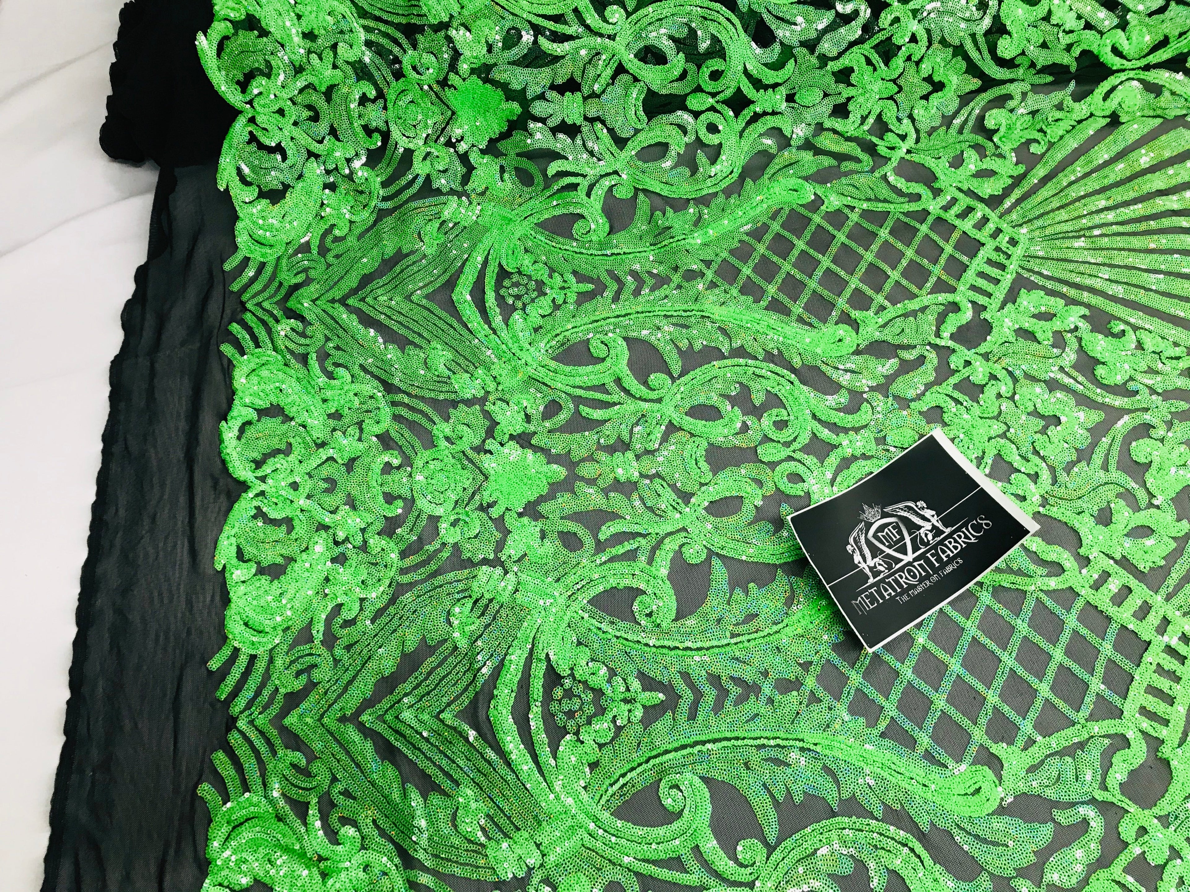 Glam Pattern Sequins - Neon Green - 4 Way Stretch Colorful Designer Net Sequins Fabrics