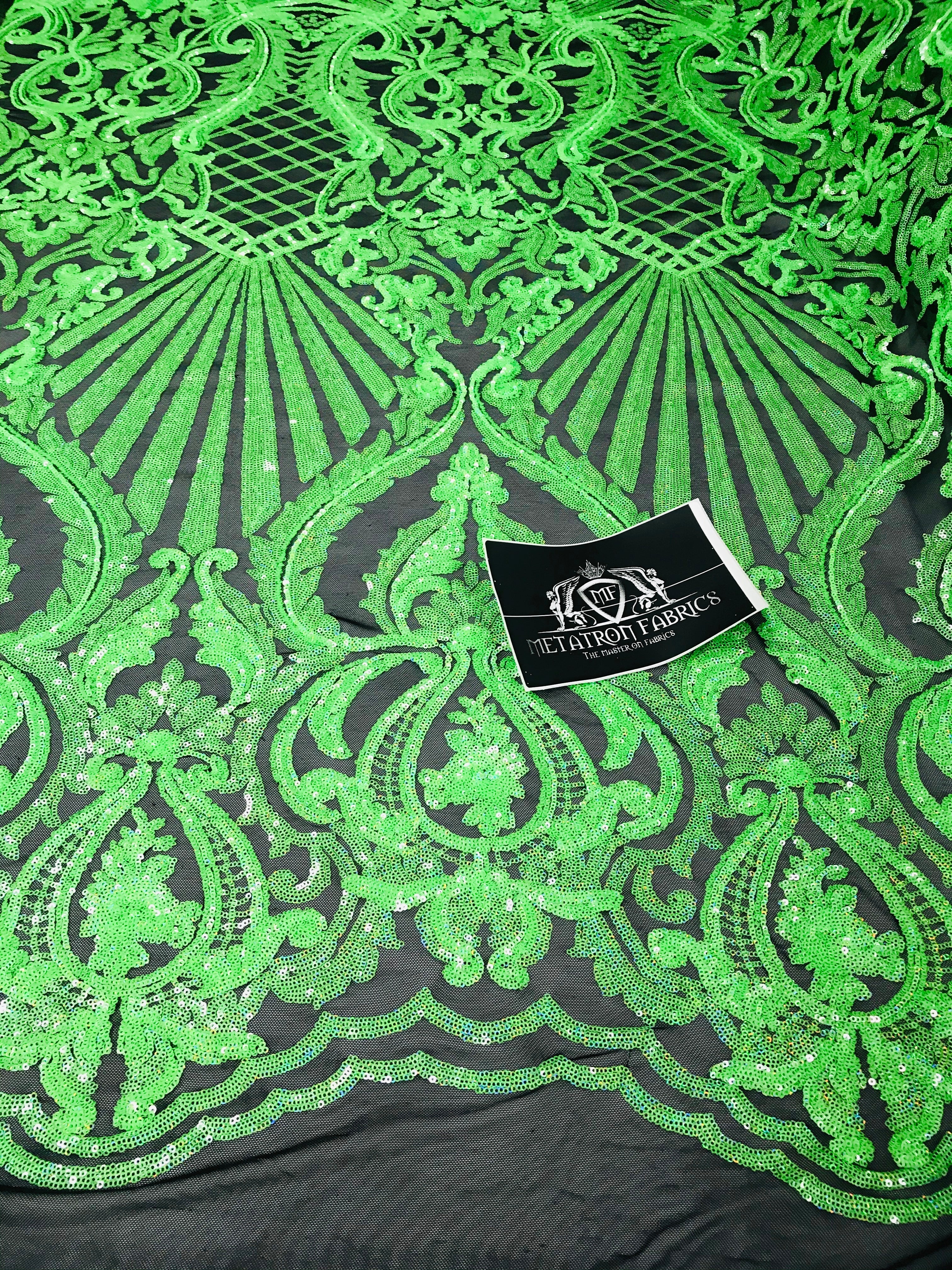 Glam Pattern Sequins - Neon Green - 4 Way Stretch Colorful Designer Net Sequins Fabrics
