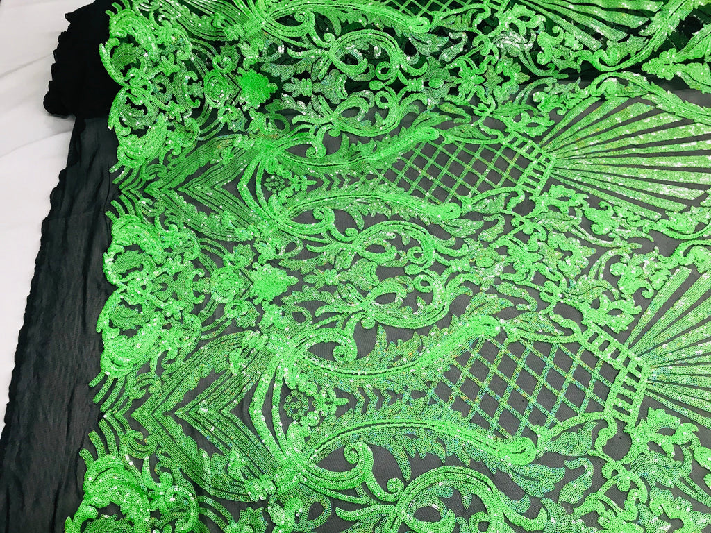 Glam Pattern Sequins - Neon Green - 4 Way Stretch Colorful Designer Net Sequins Fabrics