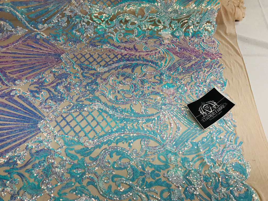 Glam Pattern Sequins - Iridescent Aqua - 4 Way Stretch Colorful Designer Net Sequins Fabrics