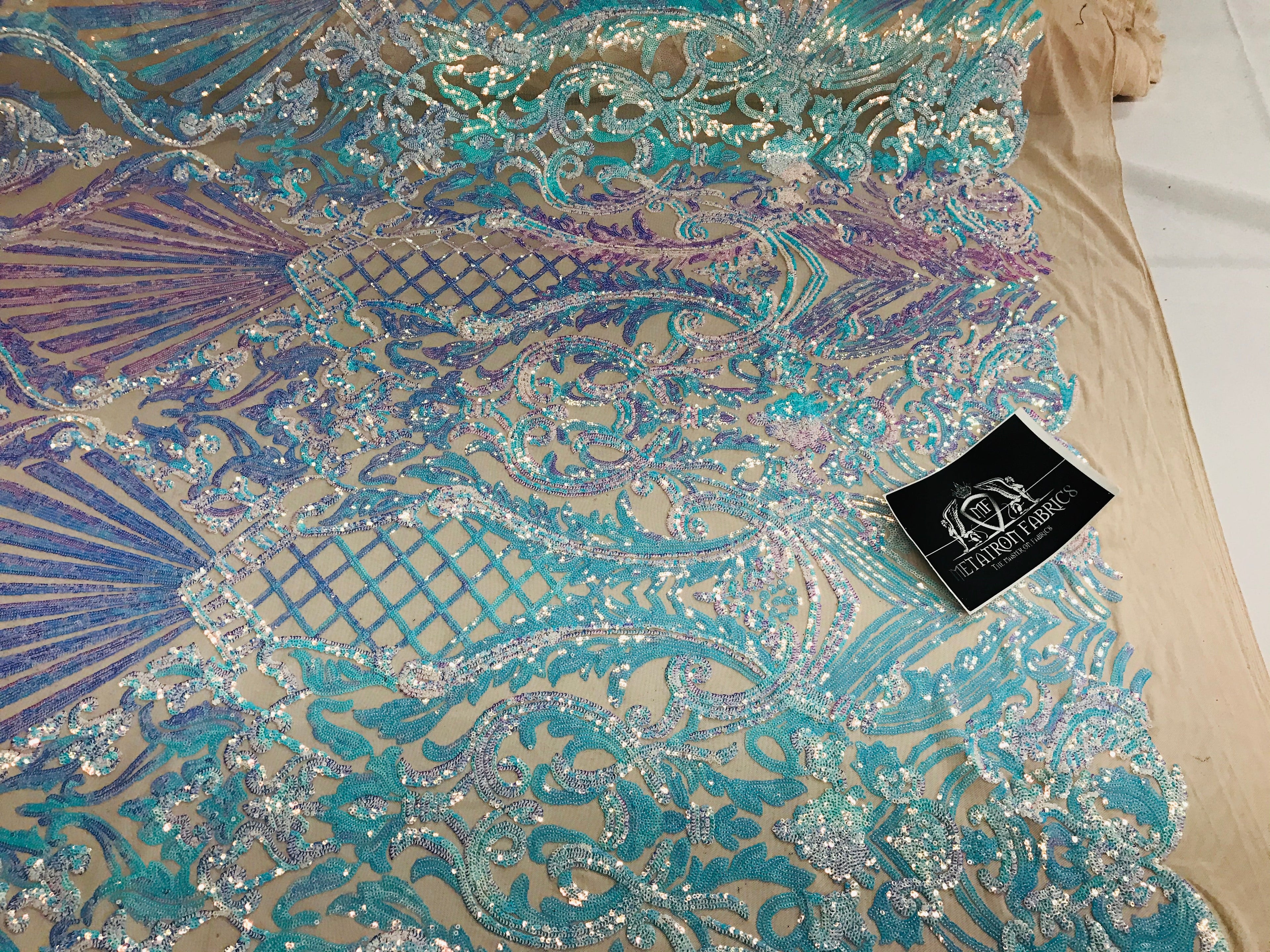 Glam Pattern Sequins - Iridescent Aqua - 4 Way Stretch Colorful Designer Net Sequins Fabrics
