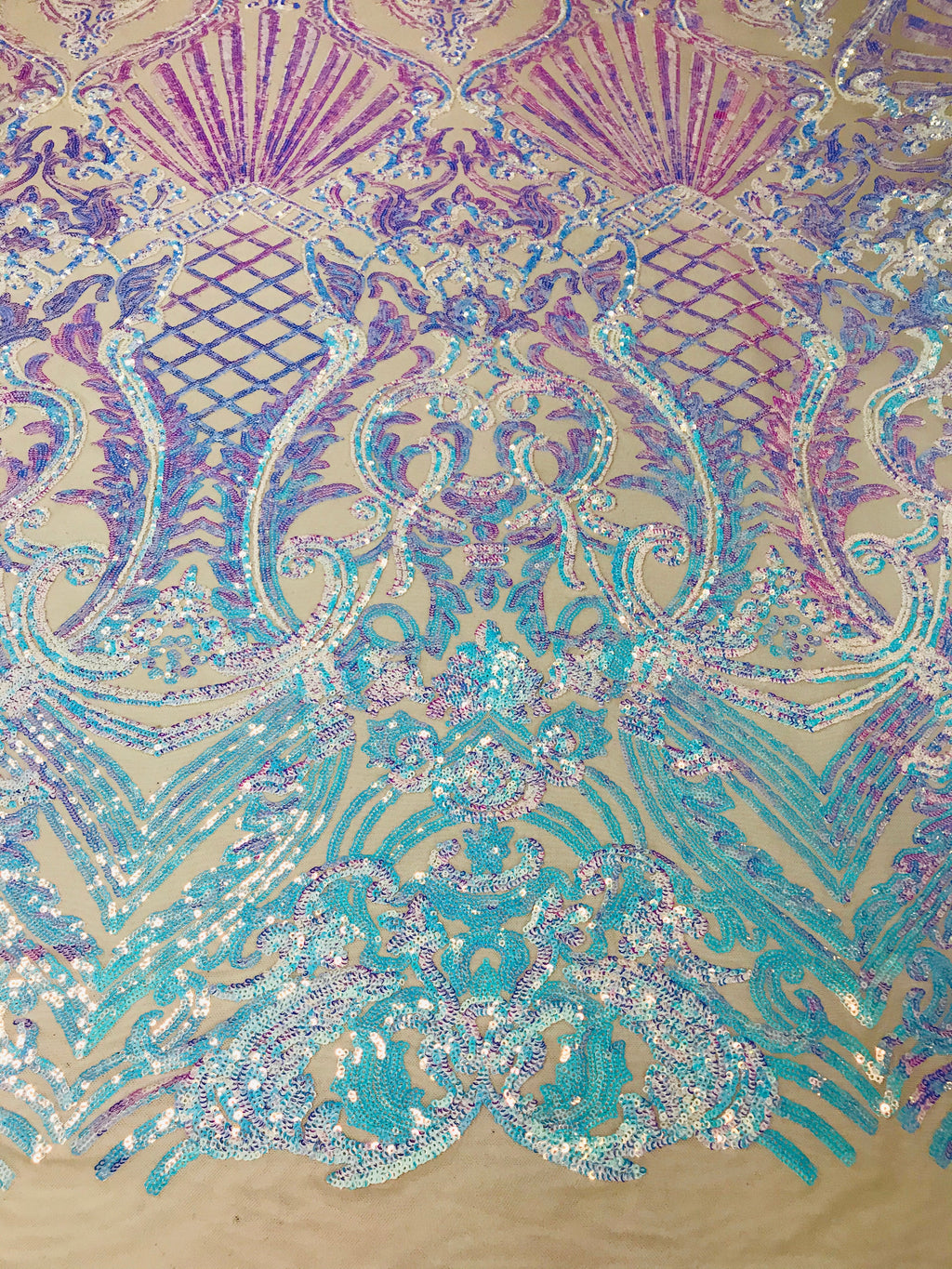 Glam Pattern Sequins - Iridescent Aqua - 4 Way Stretch Colorful Designer Net Sequins Fabrics