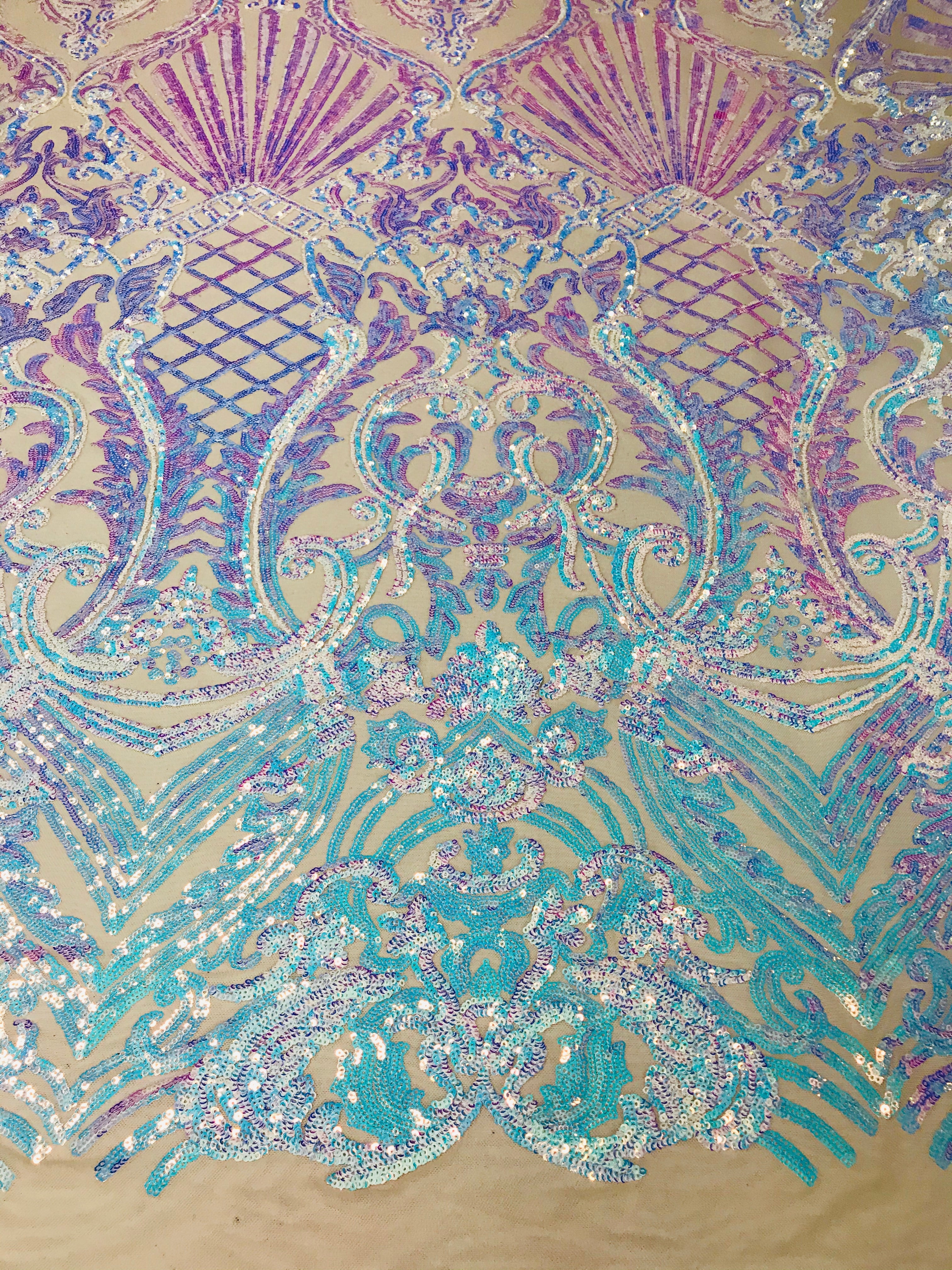 Glam Pattern Sequins - Iridescent Aqua - 4 Way Stretch Colorful Designer Net Sequins Fabrics