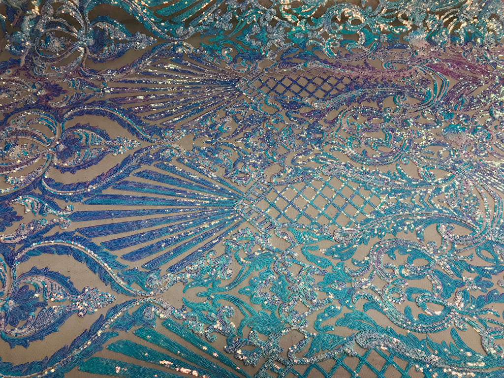 Glam Pattern Sequins - Iridescent Aqua - 4 Way Stretch Colorful Designer Net Sequins Fabrics