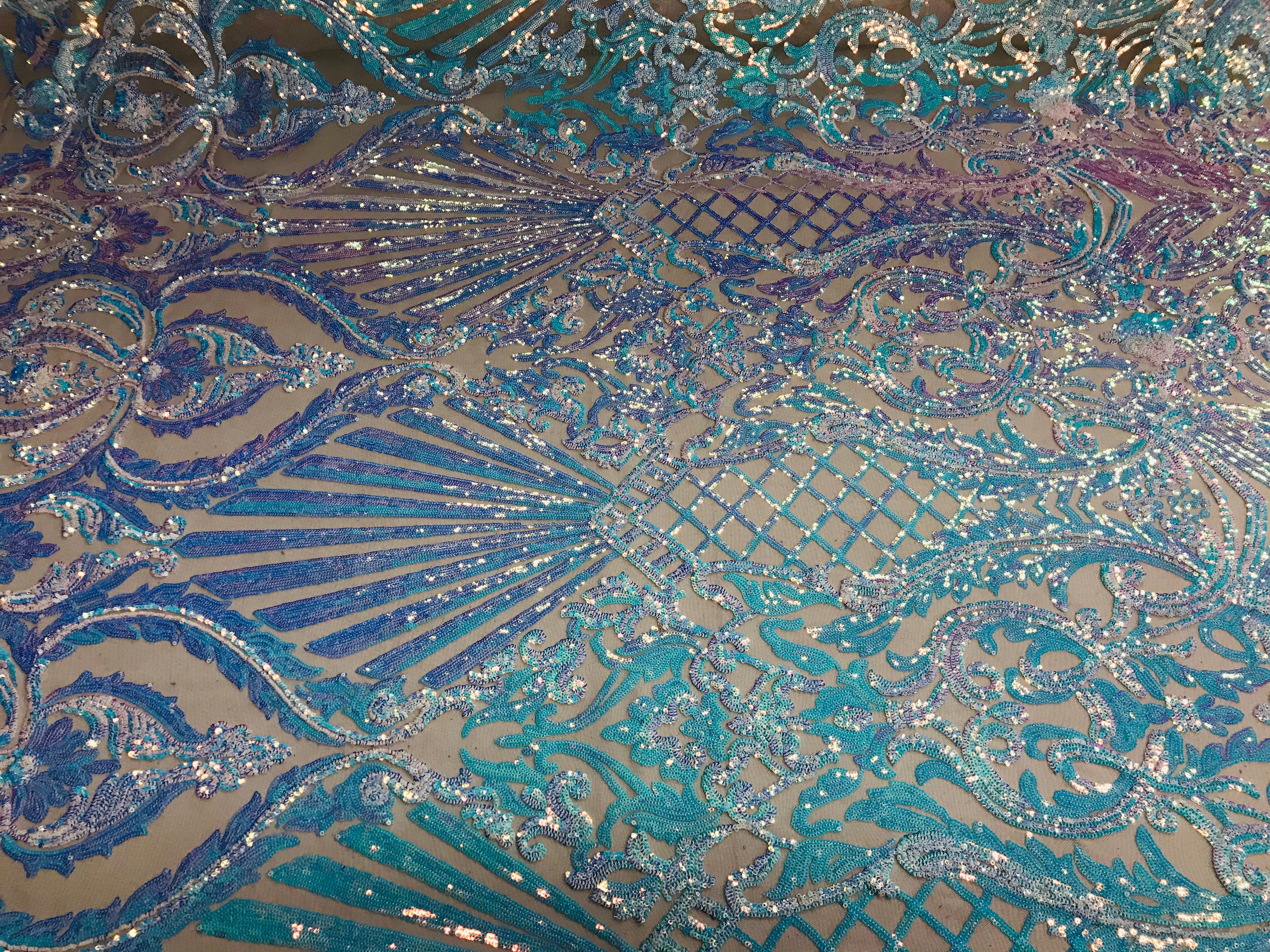 Glam Pattern Sequins - Iridescent Aqua - 4 Way Stretch Colorful Designer Net Sequins Fabrics