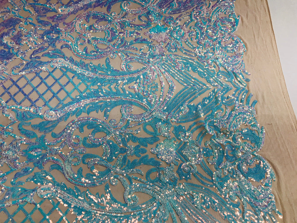 Glam Pattern Sequins - Iridescent Aqua - 4 Way Stretch Colorful Designer Net Sequins Fabrics