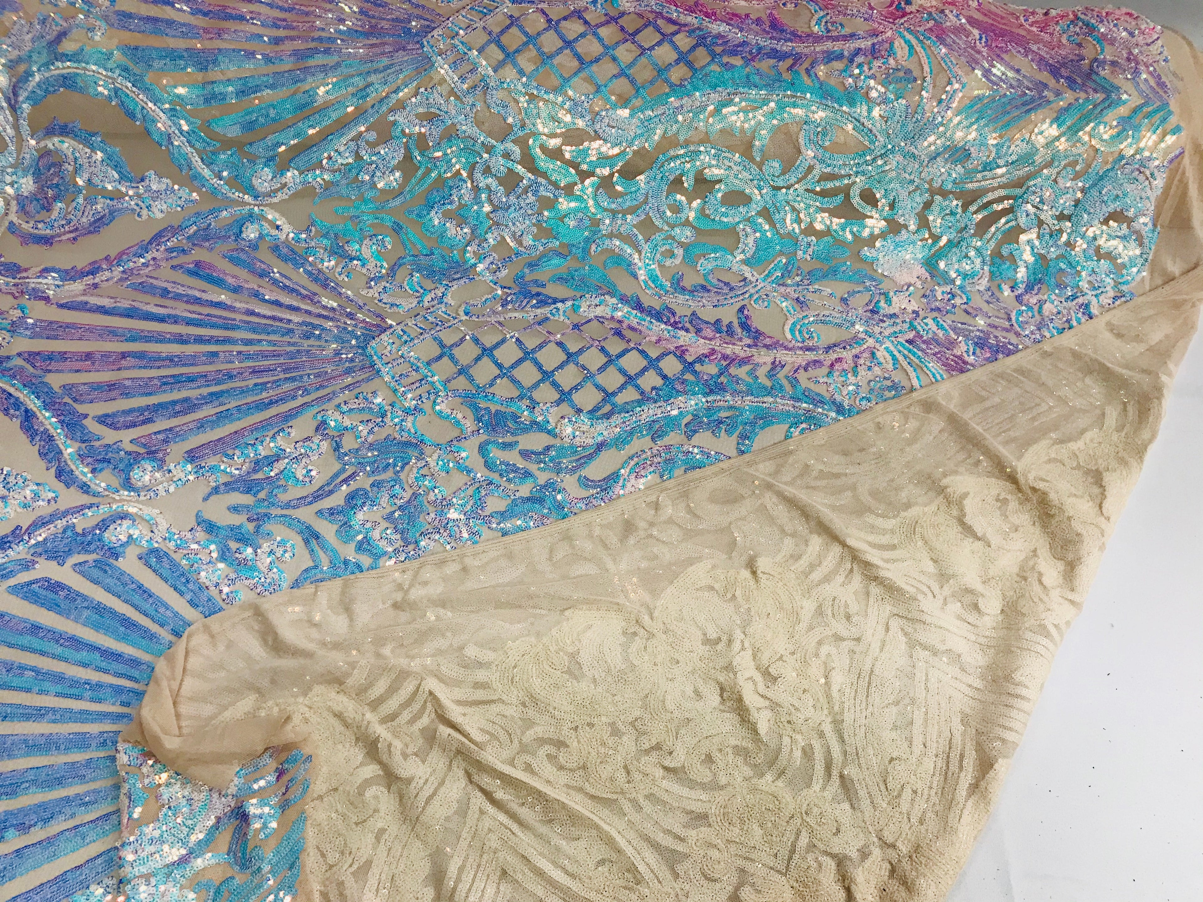 Glam Pattern Sequins - Iridescent Aqua - 4 Way Stretch Colorful Designer Net Sequins Fabrics