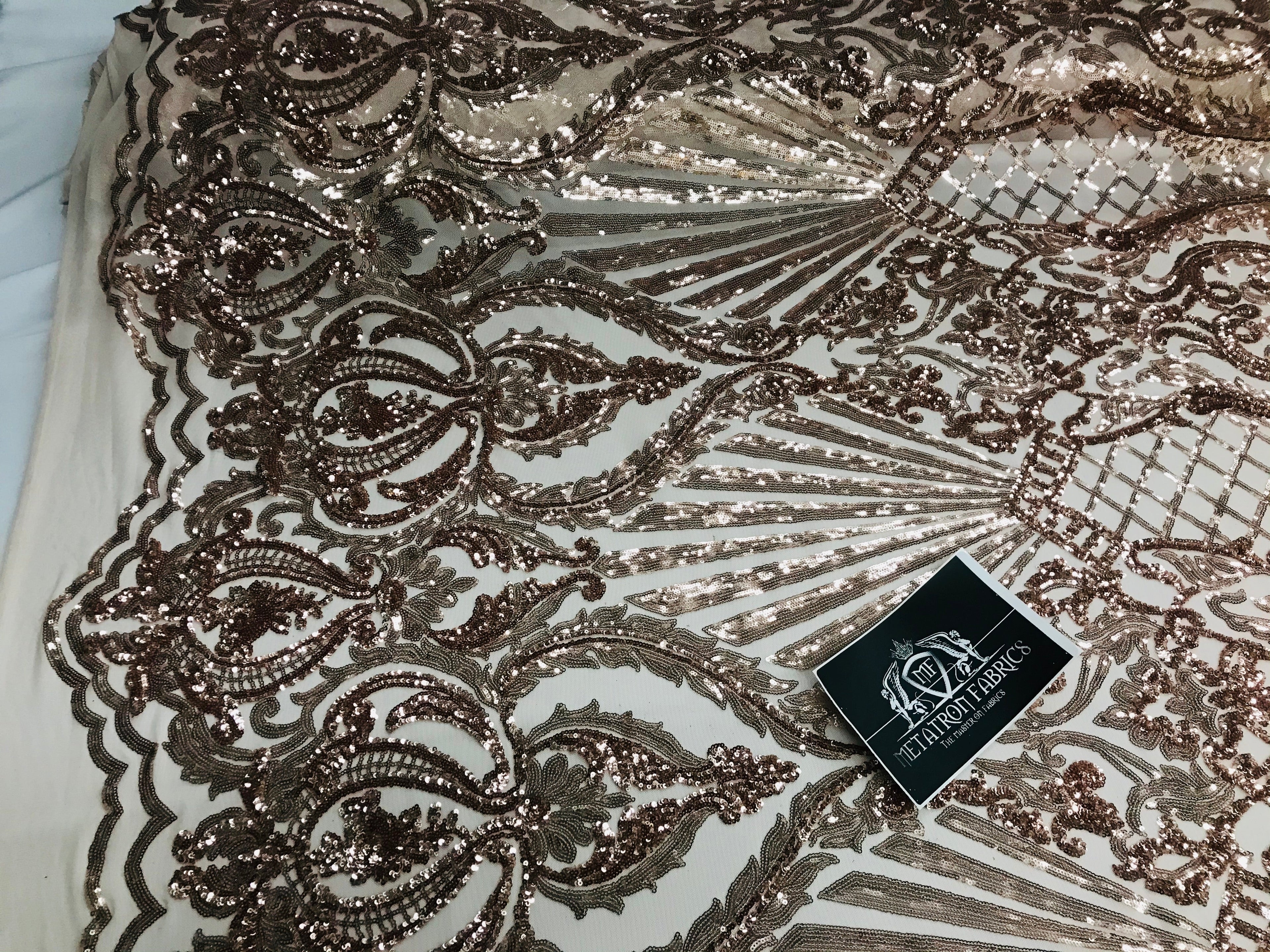 Glam Pattern Sequins - Rose Gold - 4 Way Stretch Colorful Designer Net Sequins Fabrics
