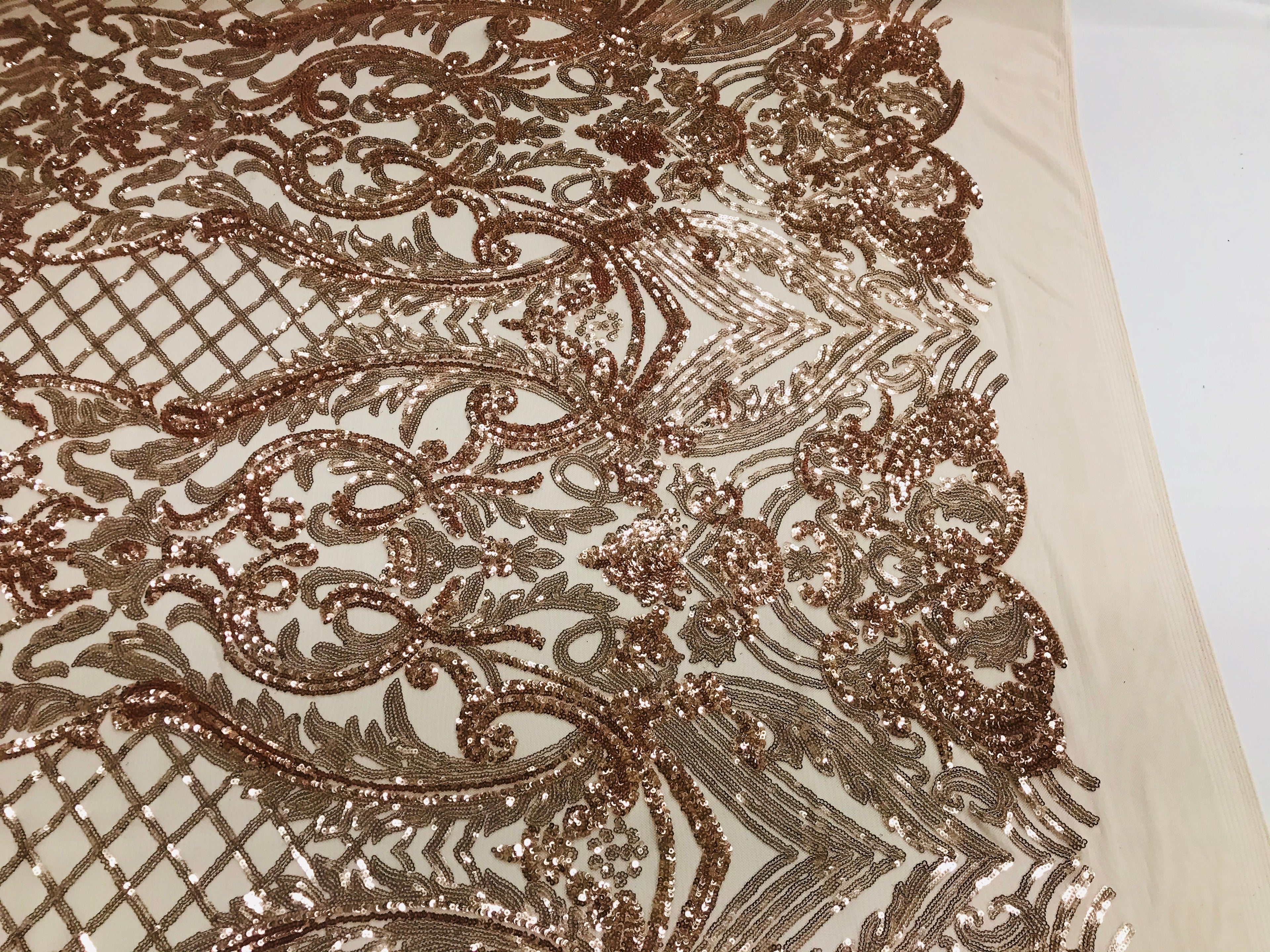 Glam Pattern Sequins - Rose Gold - 4 Way Stretch Colorful Designer Net Sequins Fabrics