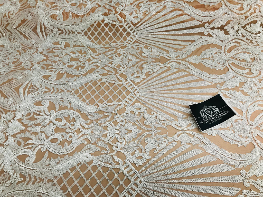Glam Pattern Sequins - Nude White Mesh - 4 Way Stretch Colorful Designer Net Sequins Fabrics