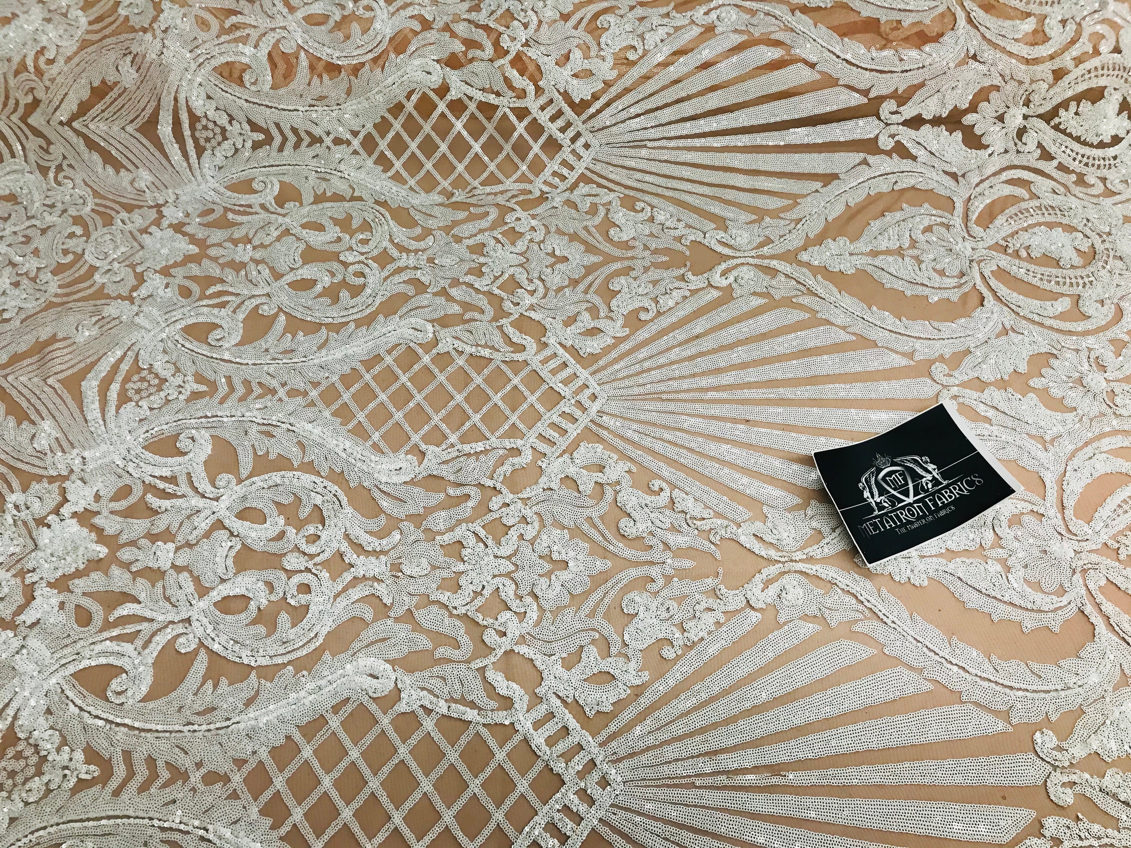 Glam Pattern Sequins - Nude White Mesh - 4 Way Stretch Colorful Designer Net Sequins Fabrics