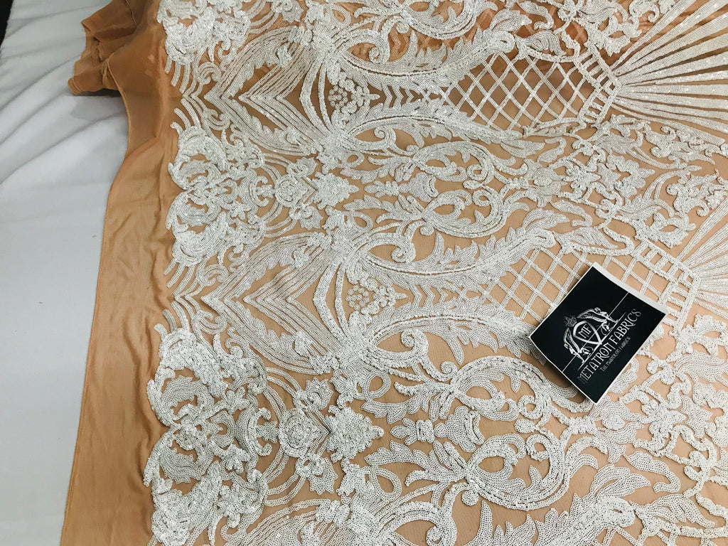 Glam Pattern Sequins - Nude White Mesh - 4 Way Stretch Colorful Designer Net Sequins Fabrics