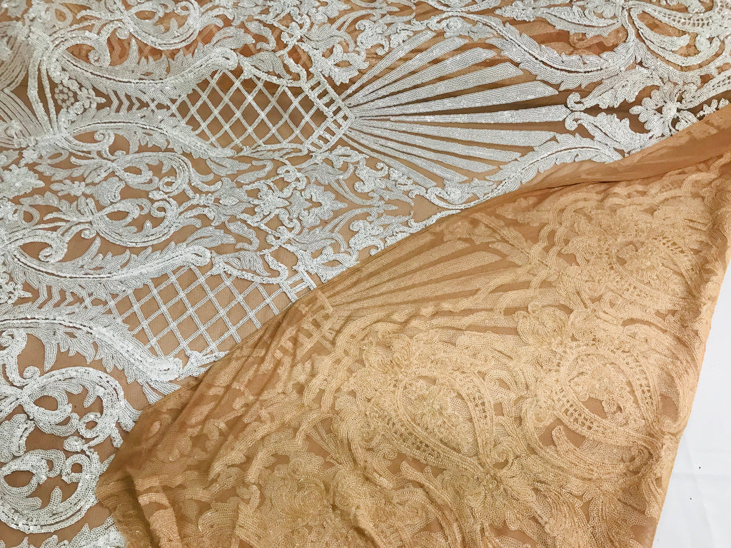 Glam Pattern Sequins - Nude White Mesh - 4 Way Stretch Colorful Designer Net Sequins Fabrics