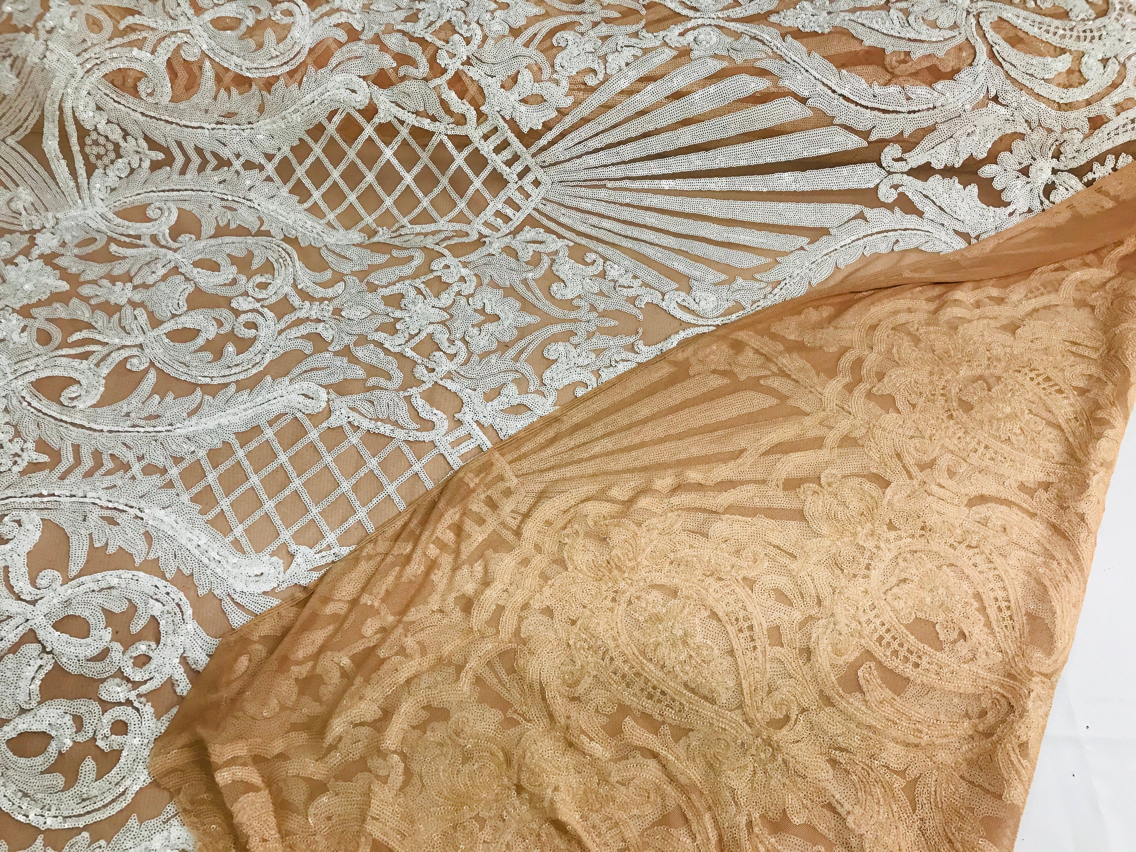 Glam Pattern Sequins - Nude White Mesh - 4 Way Stretch Colorful Designer Net Sequins Fabrics