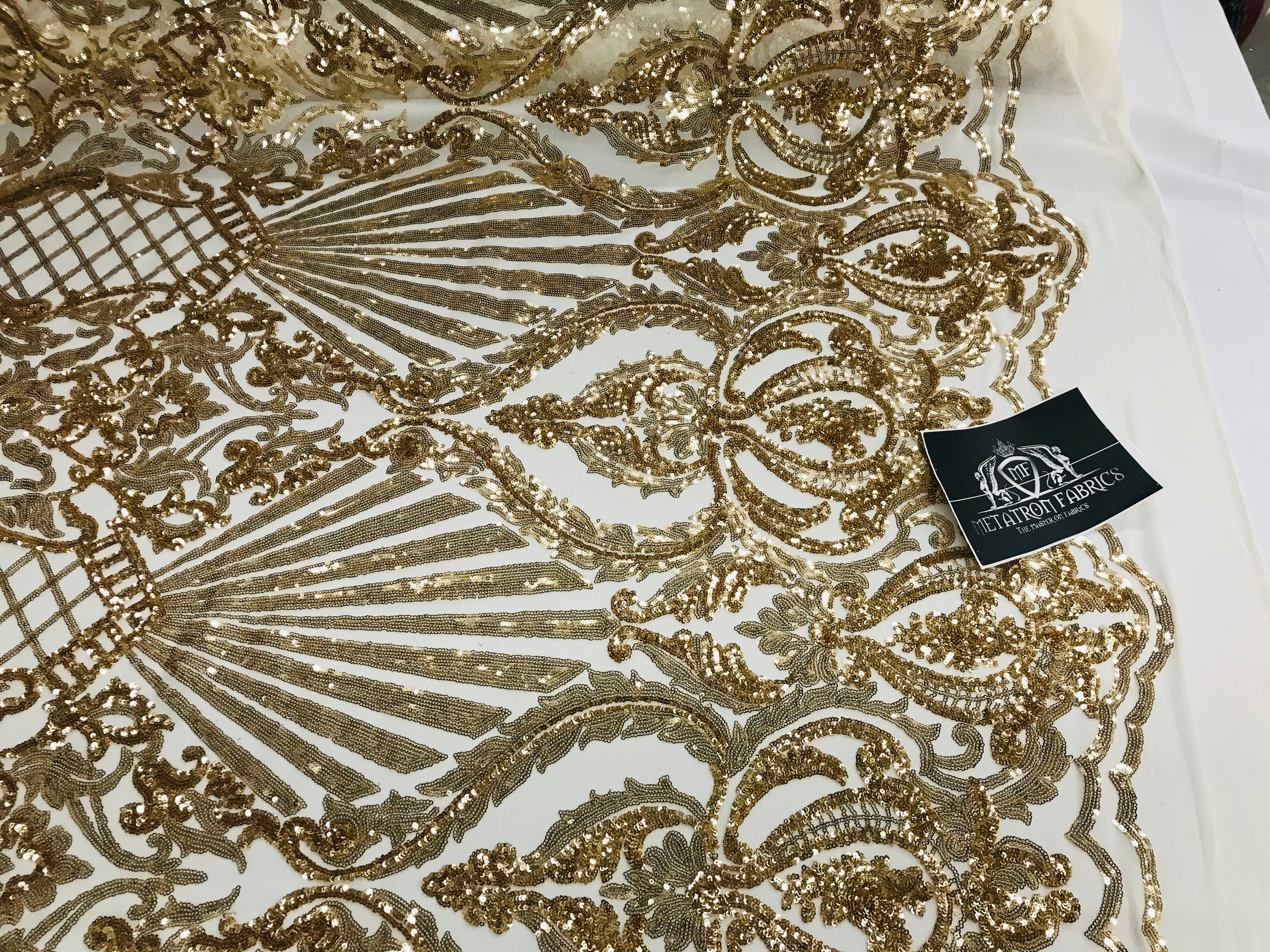Glam Pattern Sequins - Gold - 4 Way Stretch Colorful Designer Net Sequins Fabrics