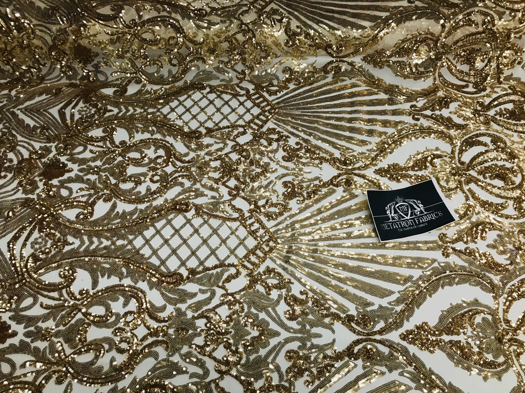 Glam Pattern Sequins - Gold - 4 Way Stretch Colorful Designer Net Sequins Fabrics