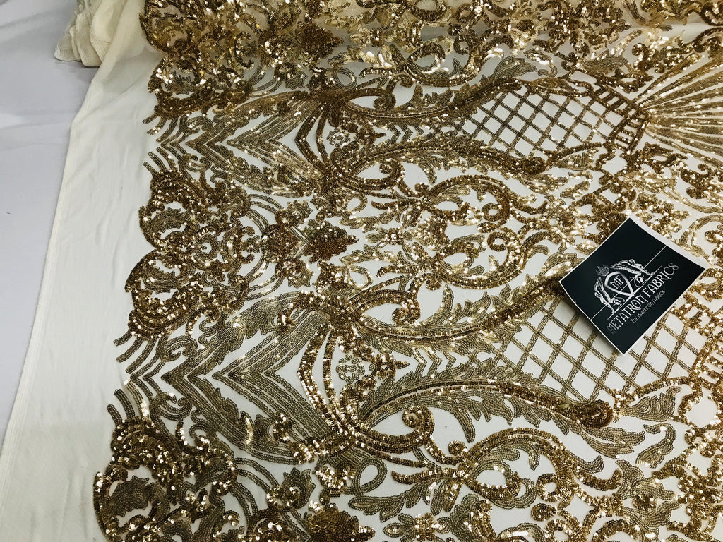 Glam Pattern Sequins - Gold - 4 Way Stretch Colorful Designer Net Sequins Fabrics