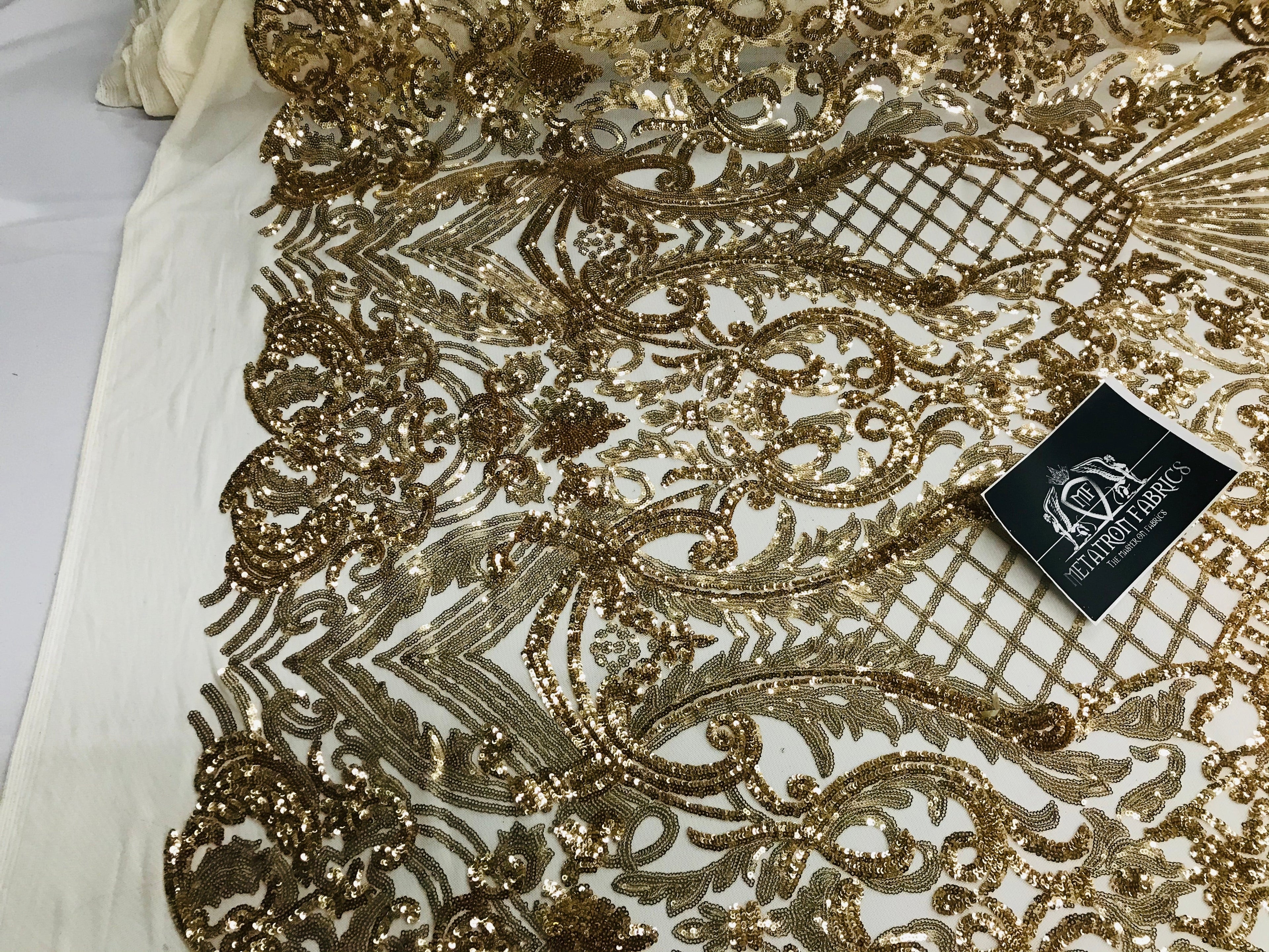 Glam Pattern Sequins - Gold - 4 Way Stretch Colorful Designer Net Sequins Fabrics