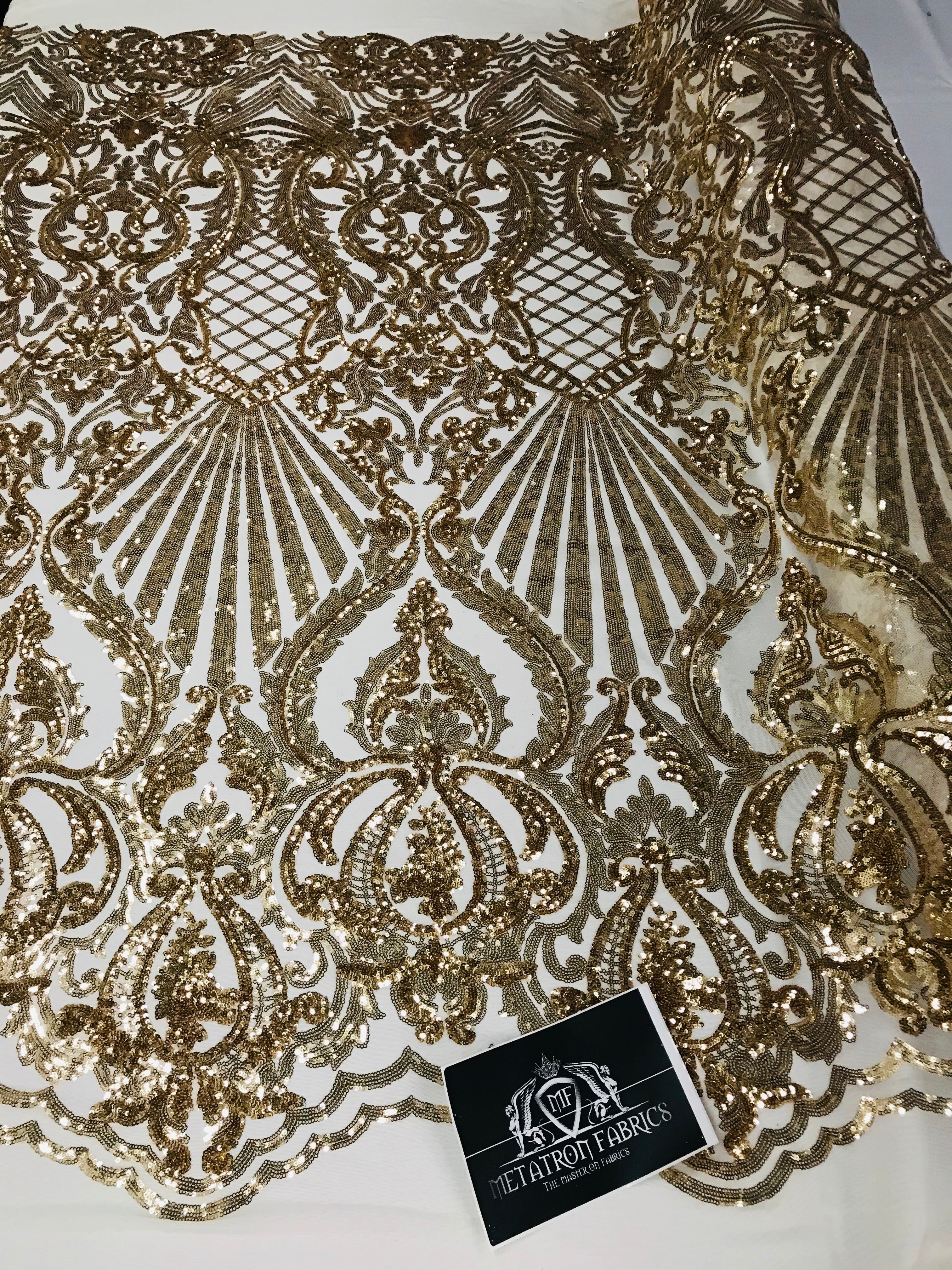 Glam Pattern Sequins - Gold - 4 Way Stretch Colorful Designer Net Sequins Fabrics