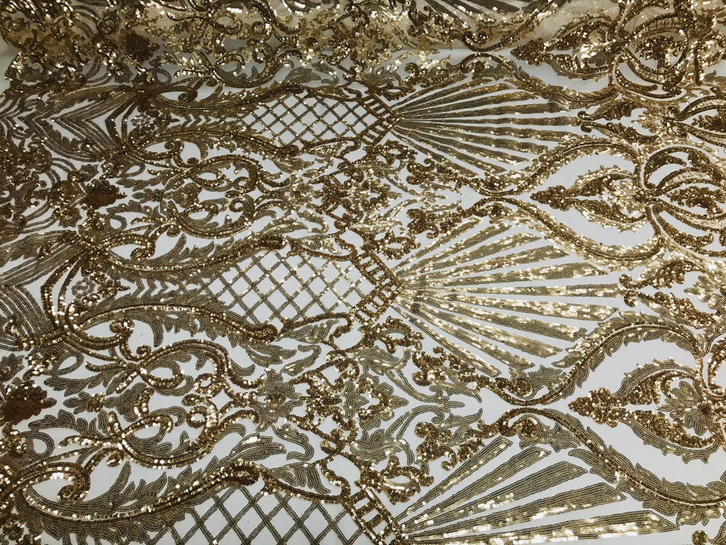 Glam Pattern Sequins - Gold - 4 Way Stretch Colorful Designer Net Sequins Fabrics