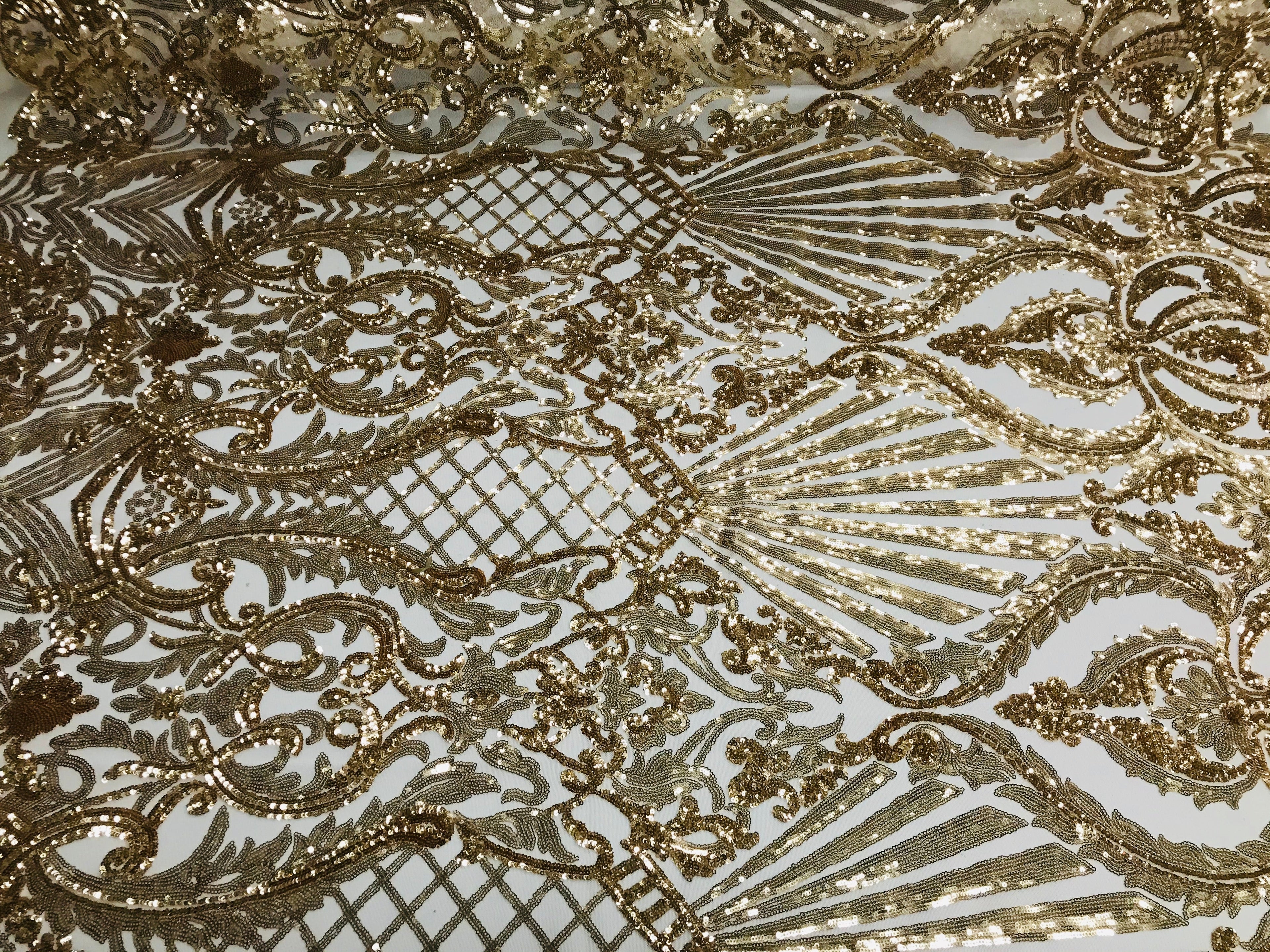 Glam Pattern Sequins - Gold - 4 Way Stretch Colorful Designer Net Sequins Fabrics